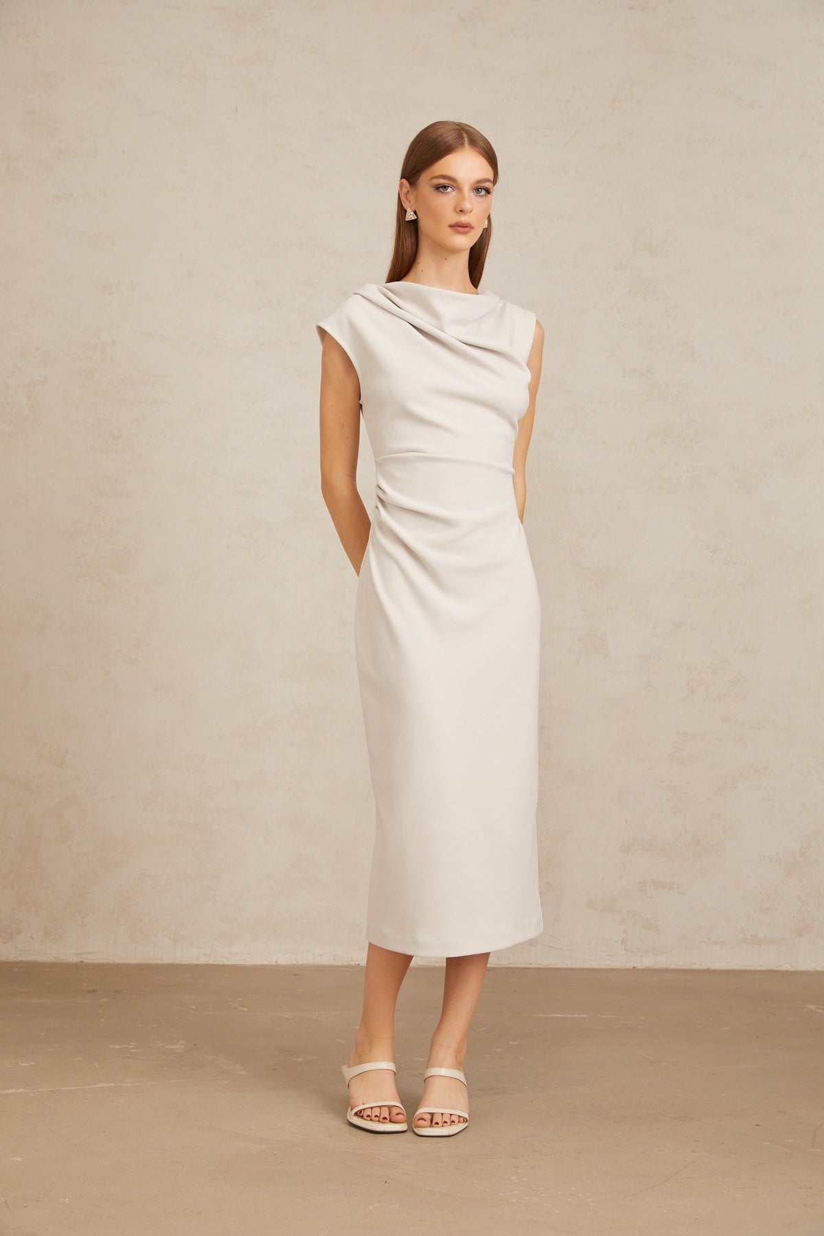 Jeanne Grey Ruched Pencil Midi Dress