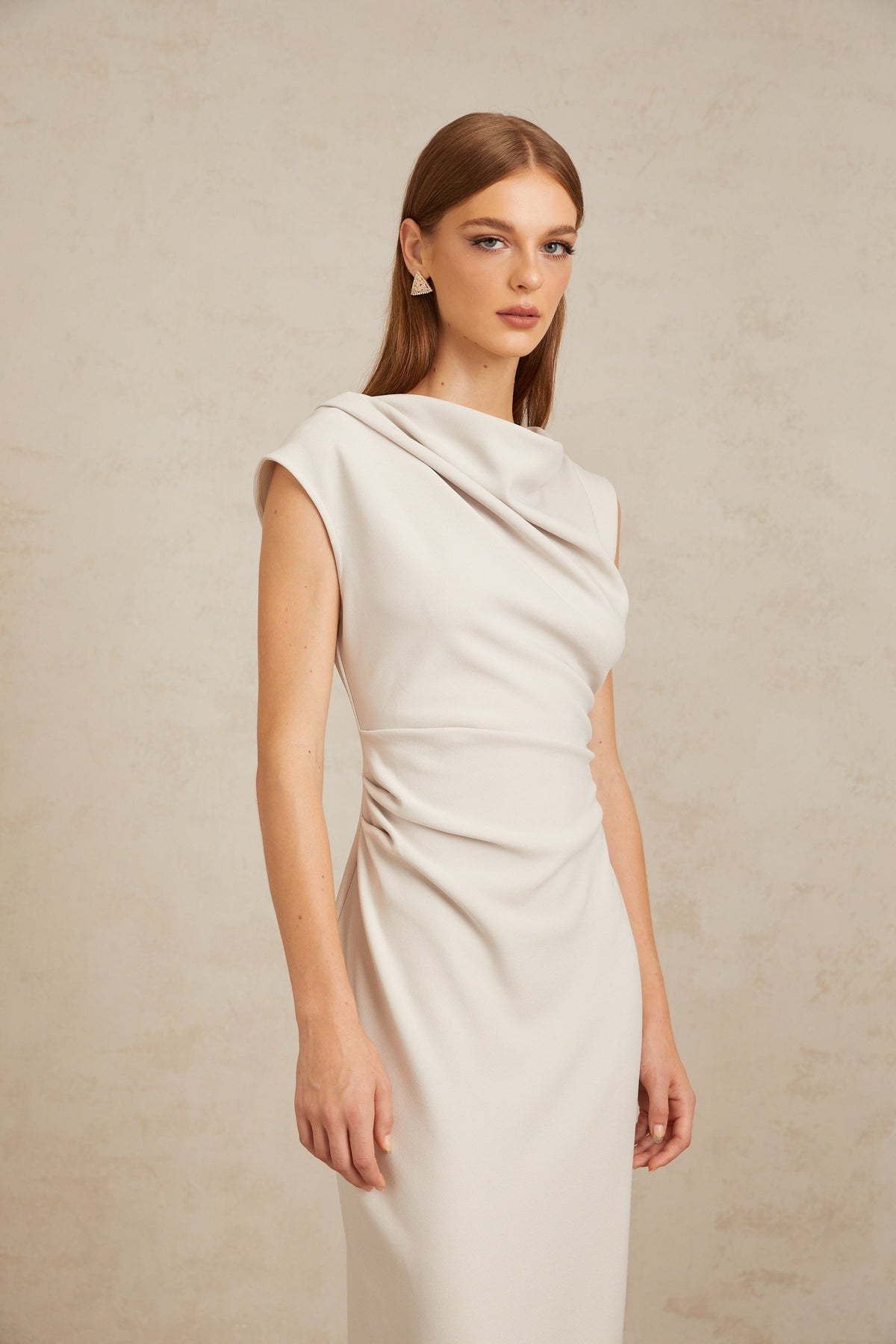 Jeanne Grey Ruched Pencil Midi Dress