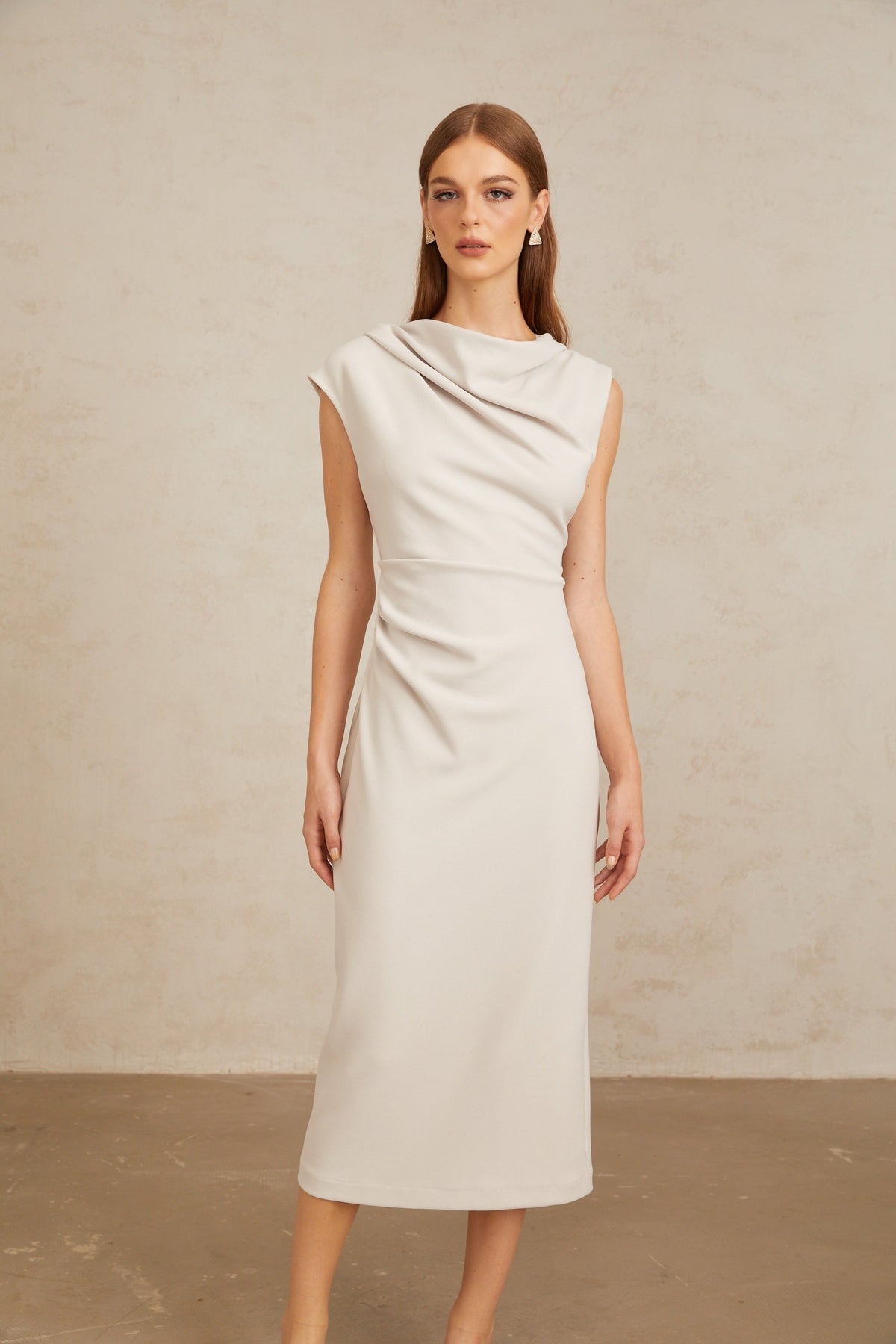Jeanne Grey Ruched Pencil Midi Dress
