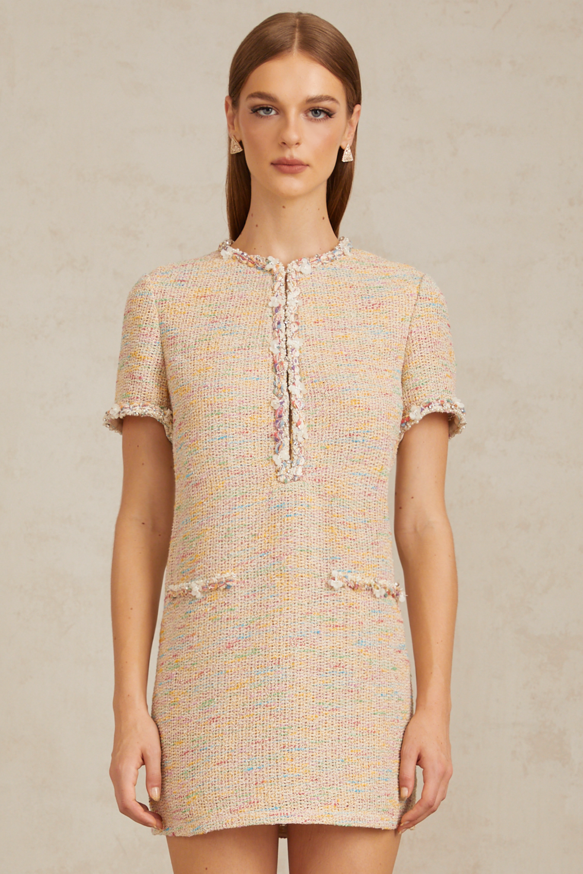 Palme Neutral Embellished Crochet Knit Mini Dress (Final Sale)