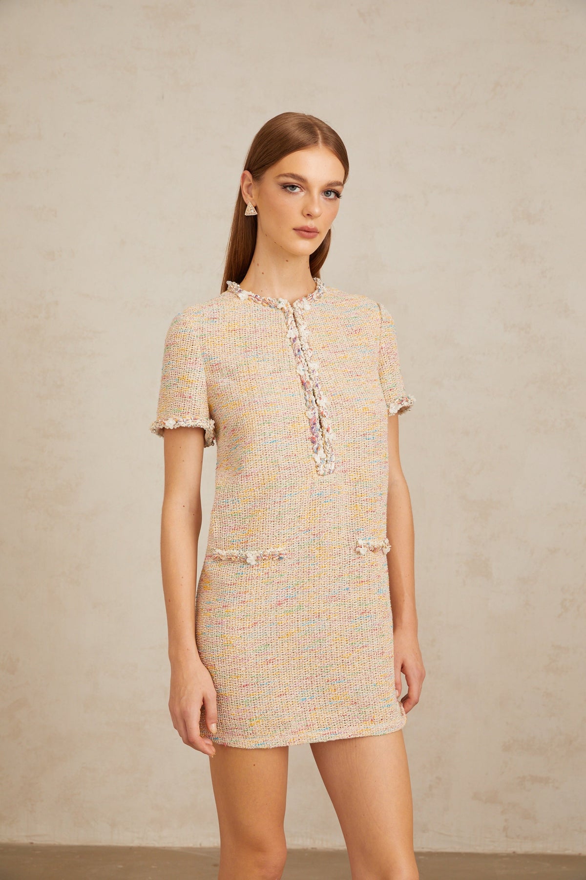 Palme Neutral Embellished Crochet Knit Mini Dress (Final Sale)