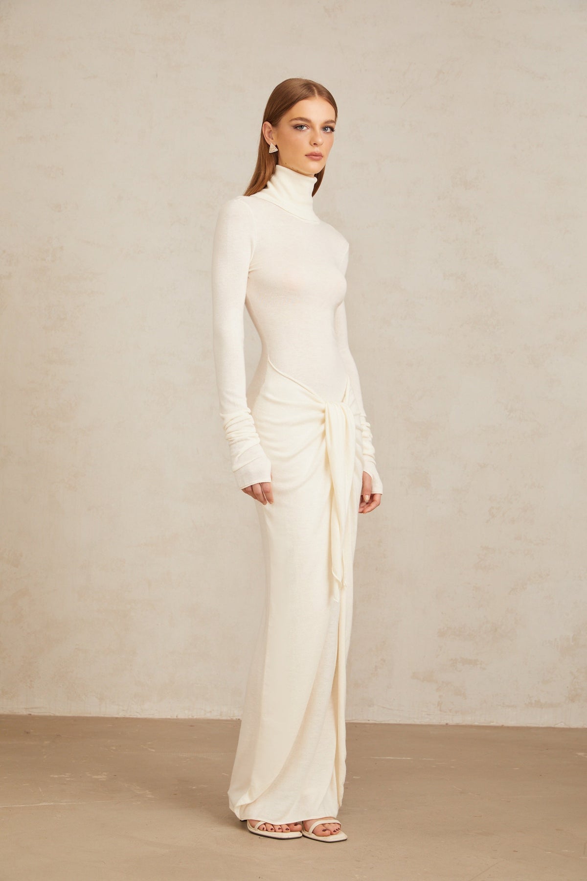 Impériale White Ruched Turtleneck Maxi Dress