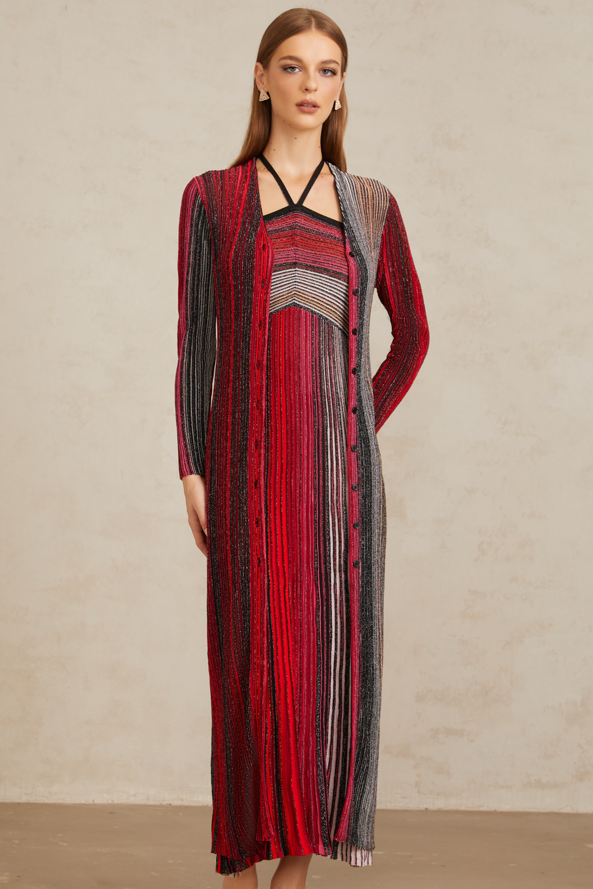 Ulysse Red Metallic Knit Long Cardigan