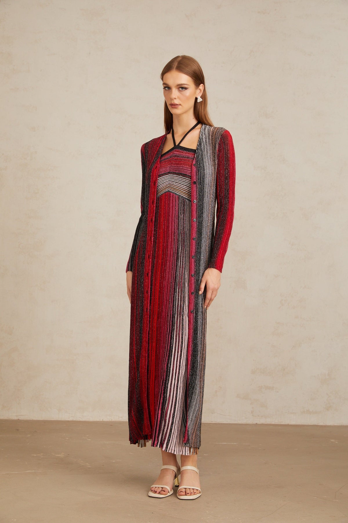 Ulysse Red Metallic Knit Long Cardigan