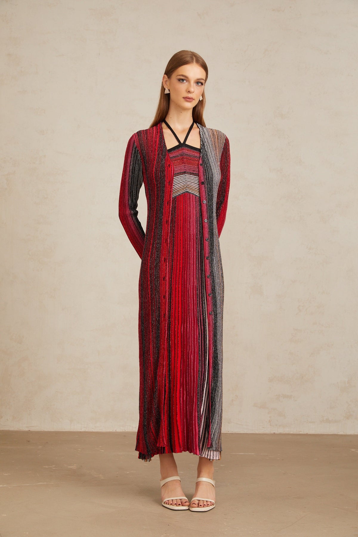 Ulysse Red Metallic Knit Long Cardigan