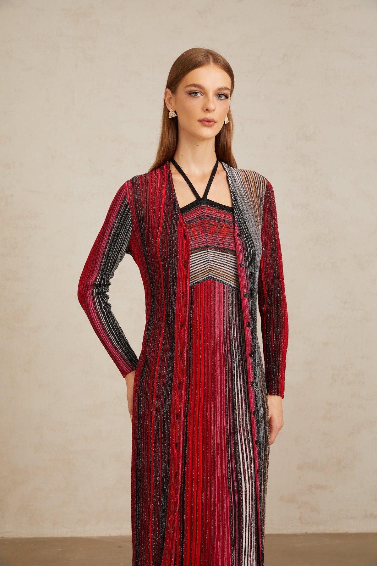 Ulysse Red Metallic Knit Long Cardigan