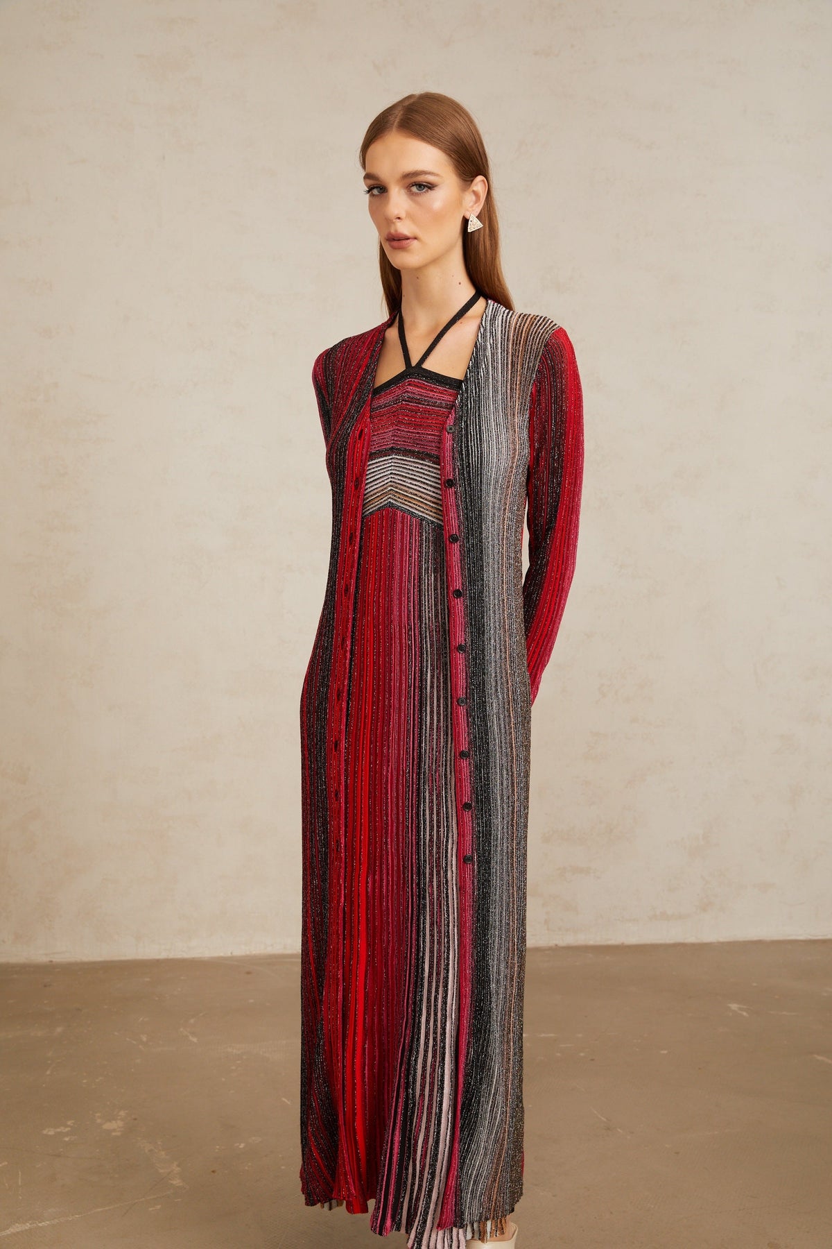 Ulysse Red Metallic Knit Long Cardigan