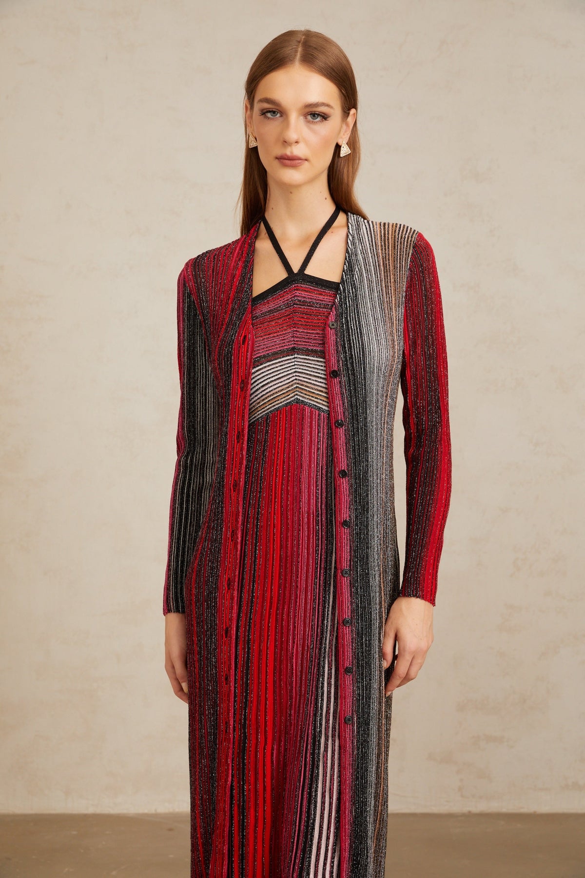 Ulysse Red Metallic Knit Long Cardigan