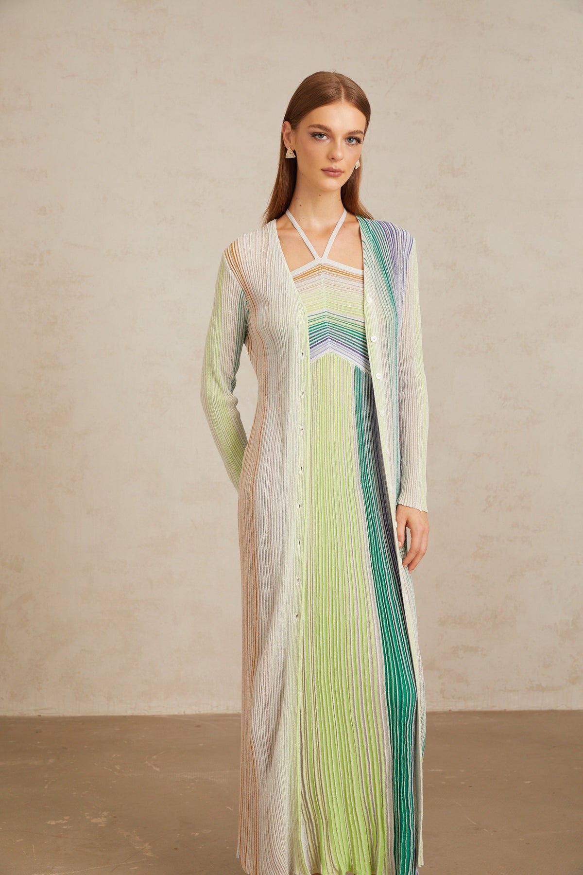 Serelith Green Metallic Knit Long Cardigan