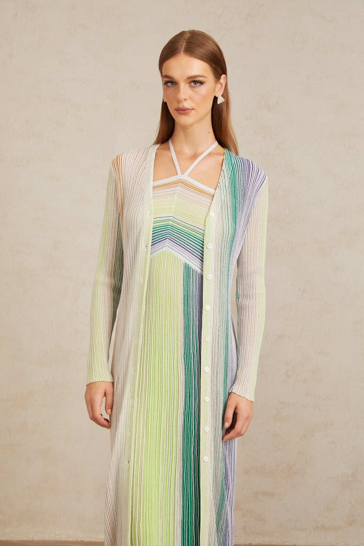 Serelith Green Metallic Knit Long Cardigan