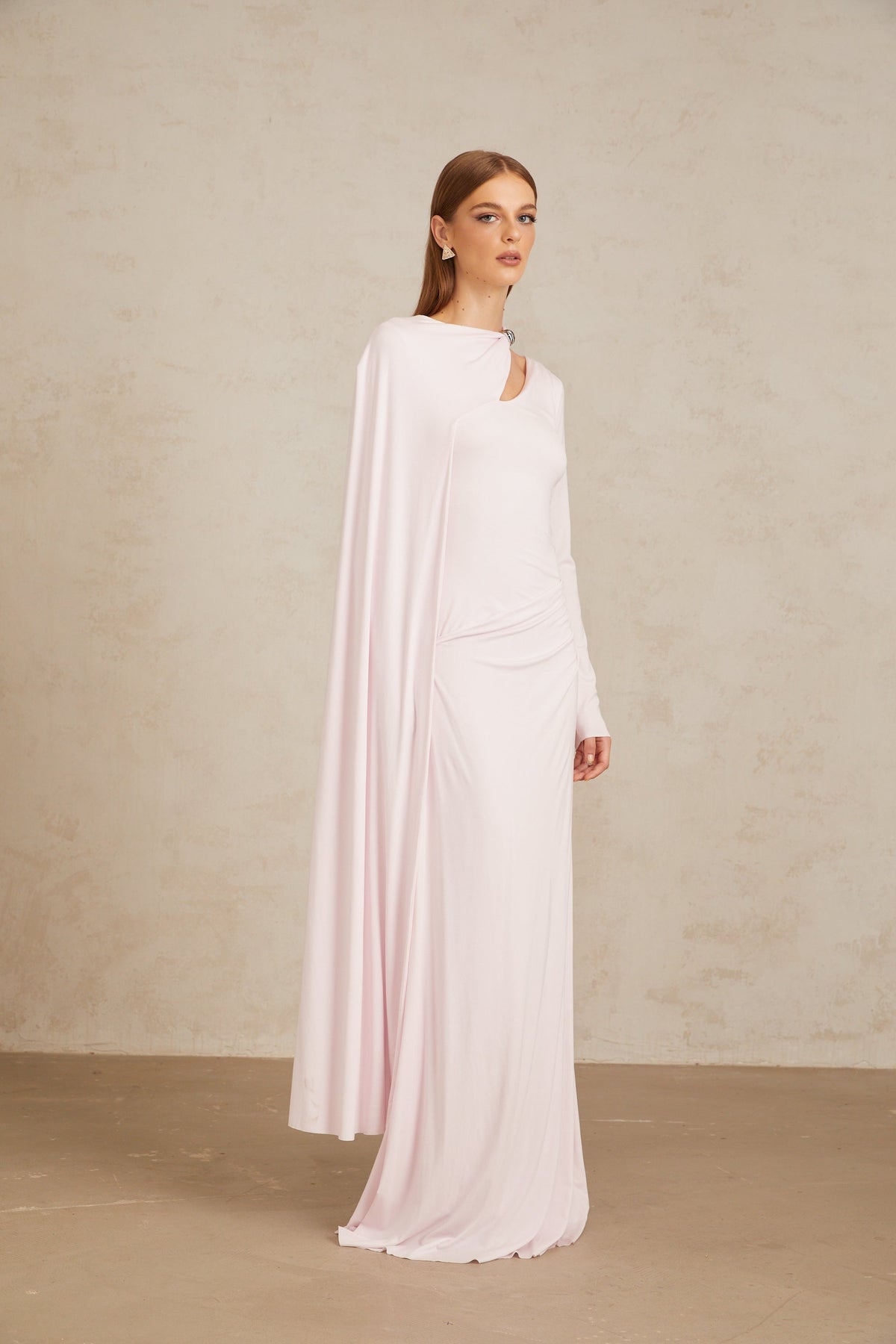 Josette Pink Diagonal Shawl Fitted Maxi Dress