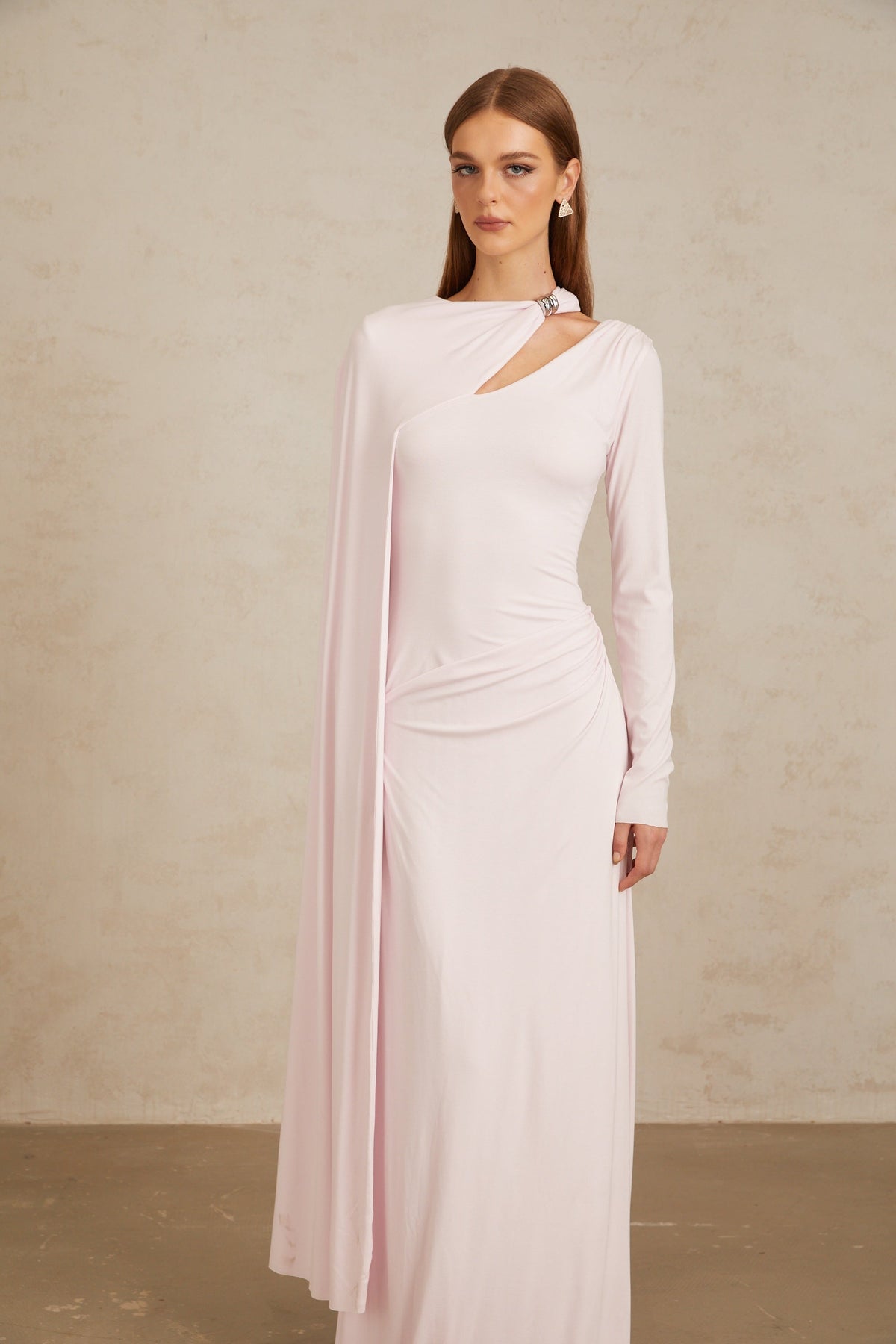 Josette Pink Diagonal Shawl Fitted Maxi Dress