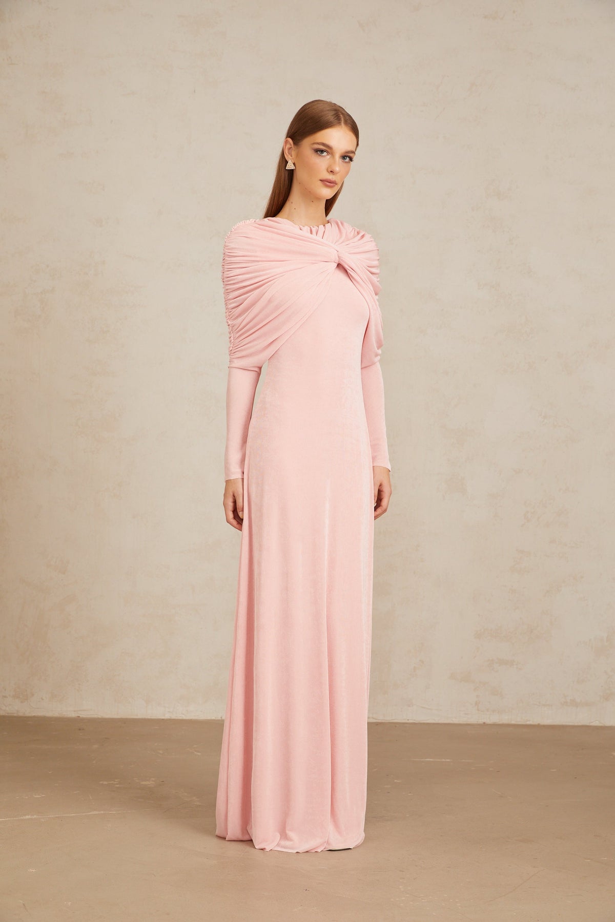 Moderne Pink Shawl Panel Ruched Maxi Dress