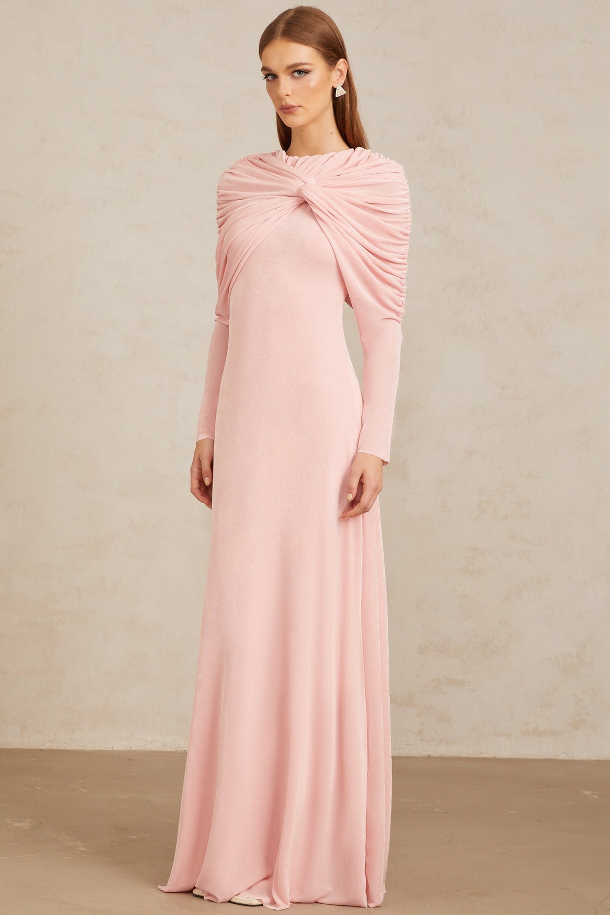 Moderne Pink Shawl Panel Ruched Maxi Dress