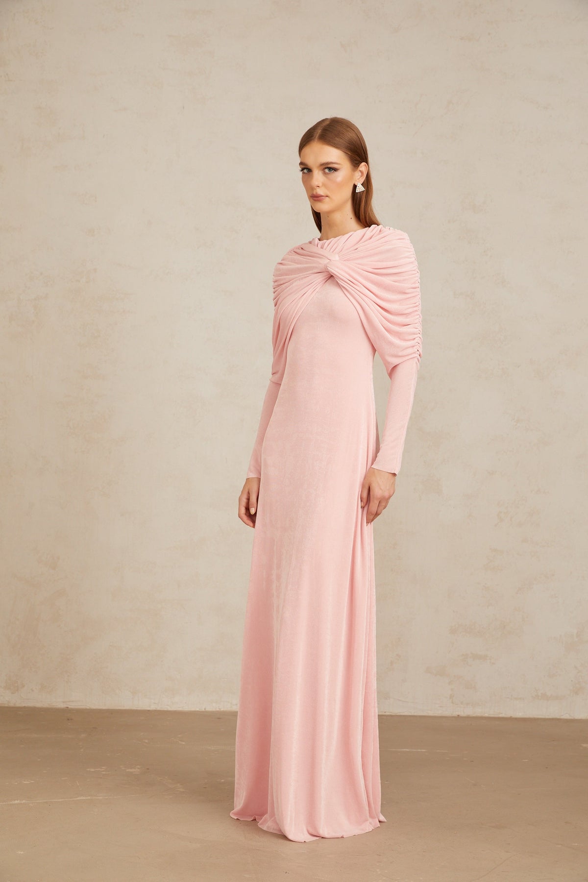 Moderne Pink Shawl Panel Ruched Maxi Dress