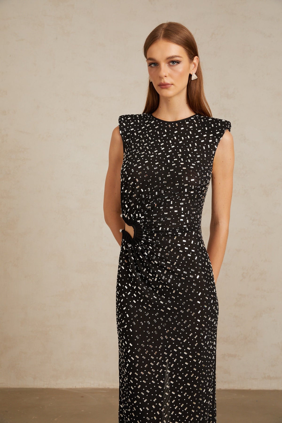 Félicie Black Embellished Mesh Maxi Gown