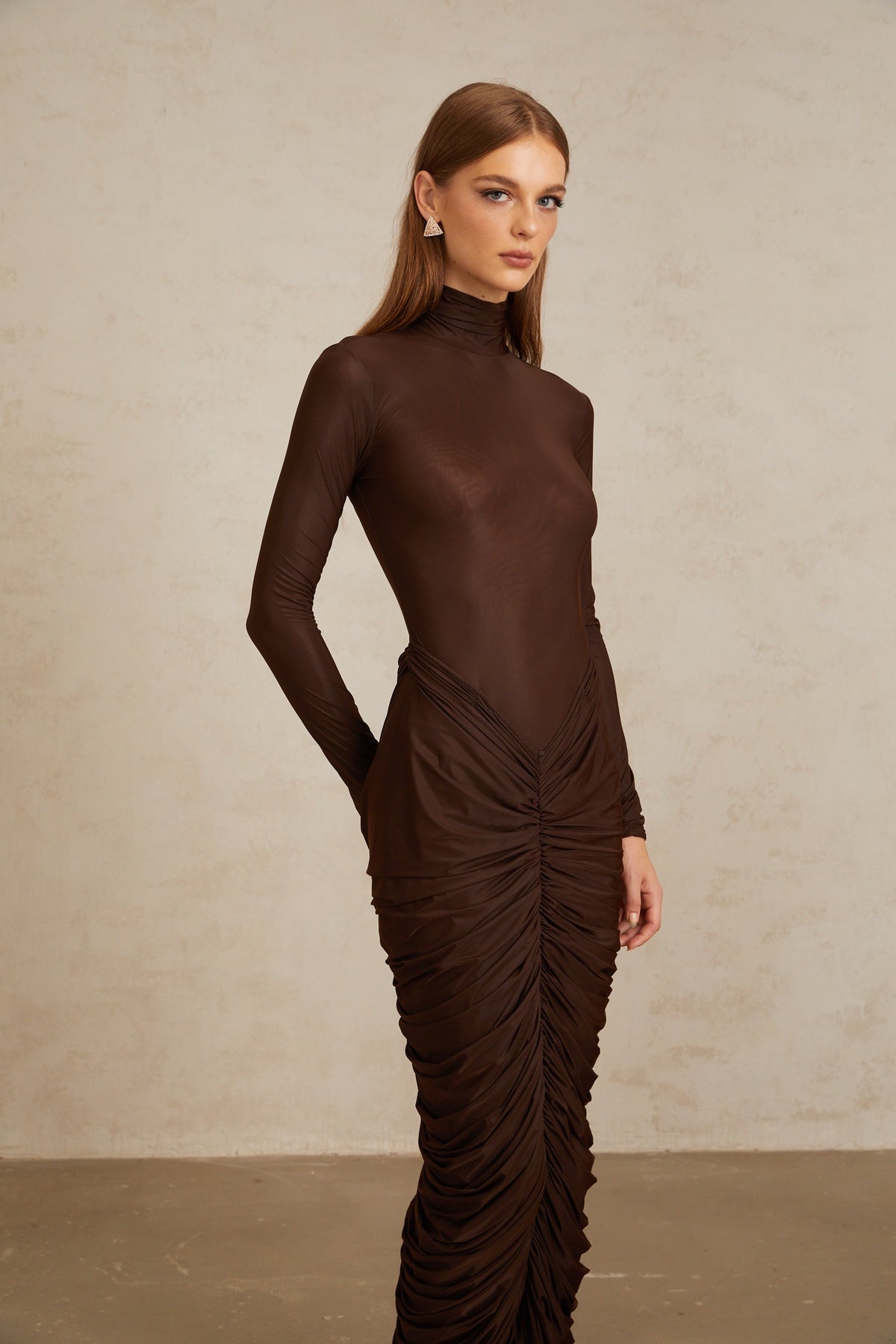 Charitina Brown Fitted Ruched Midi Dress
