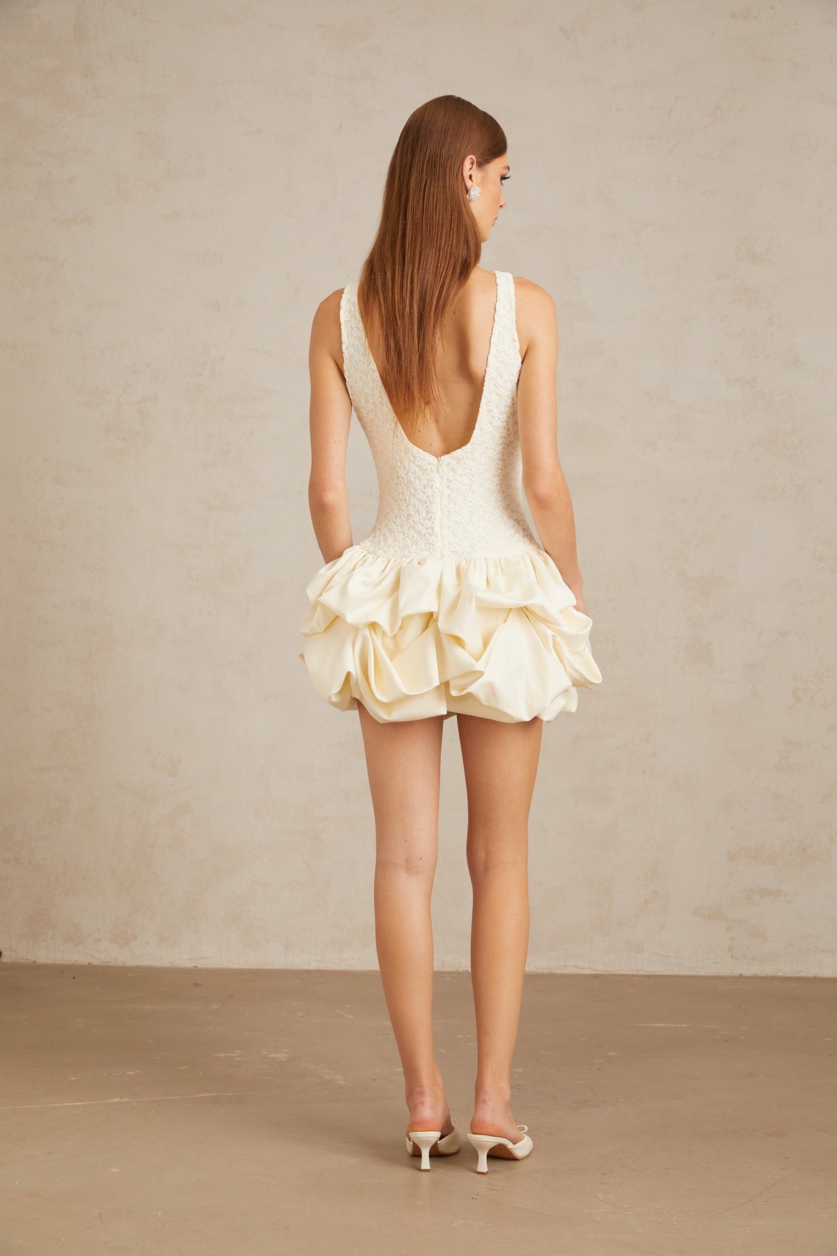 Enjouée Neutral Bubble Floral Lace Mini Dress