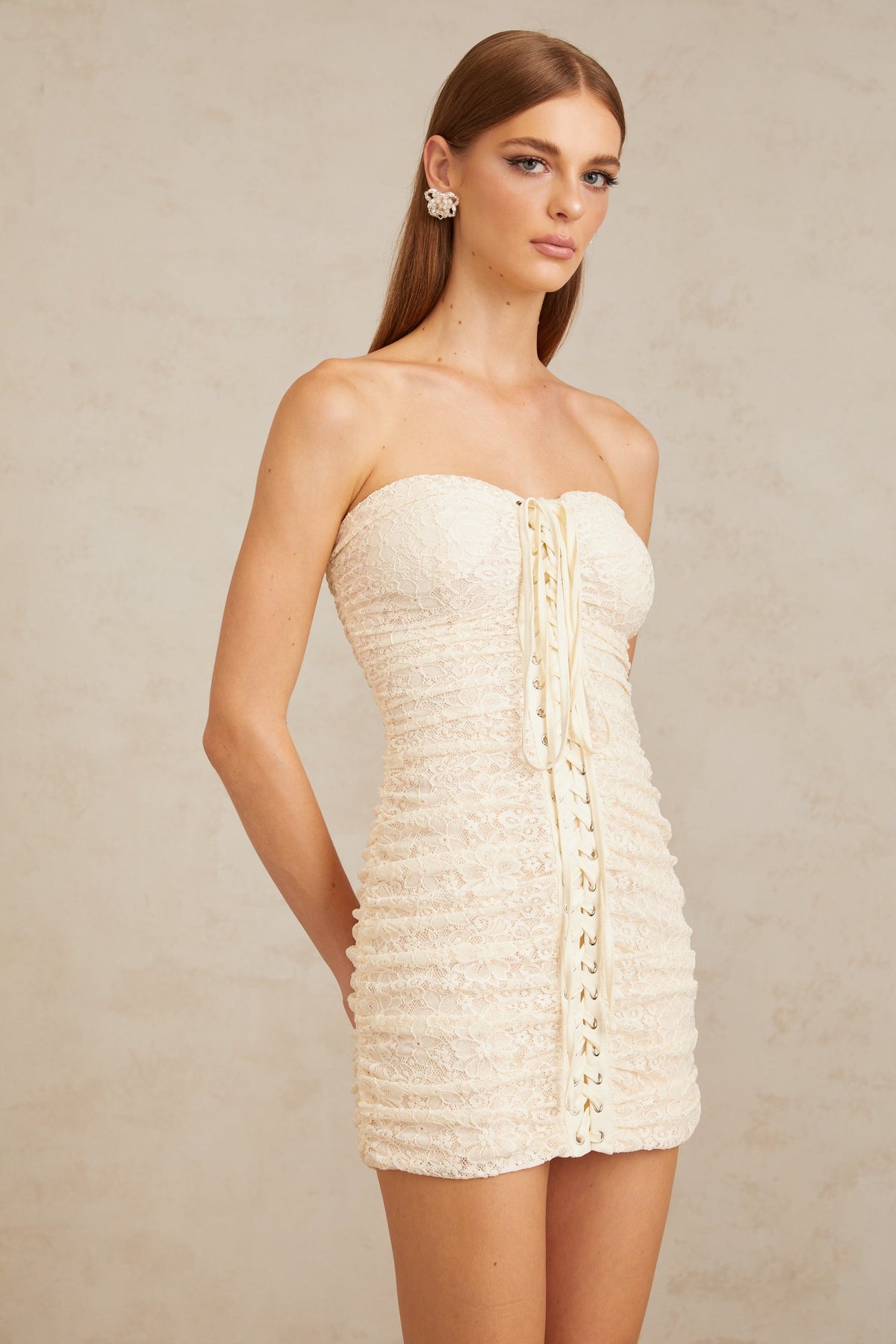 Givrée Neutral Floral Lace Mini Dress
