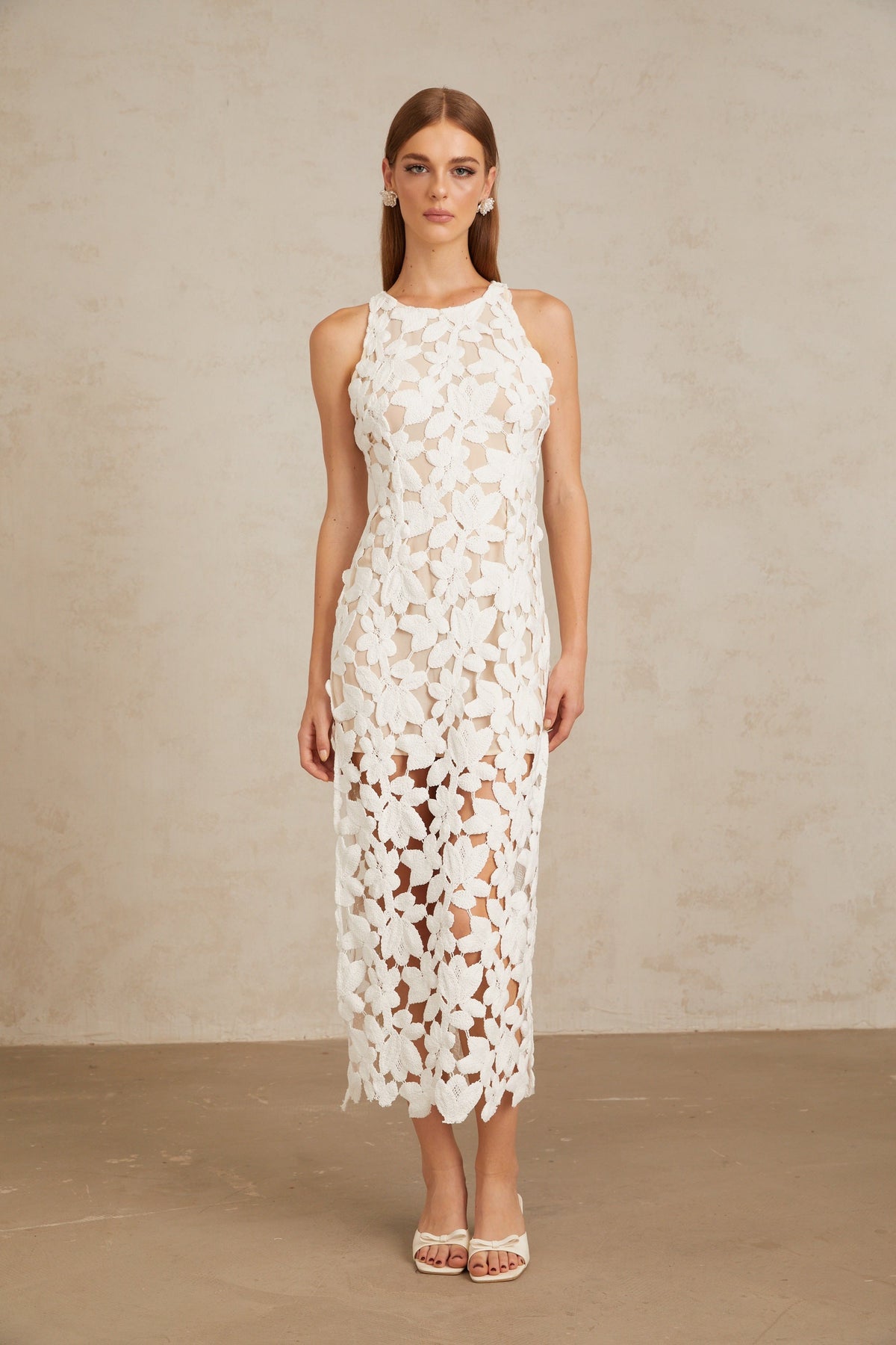 Wilhelmine White Cutout Embroidered Floral Midi Dress