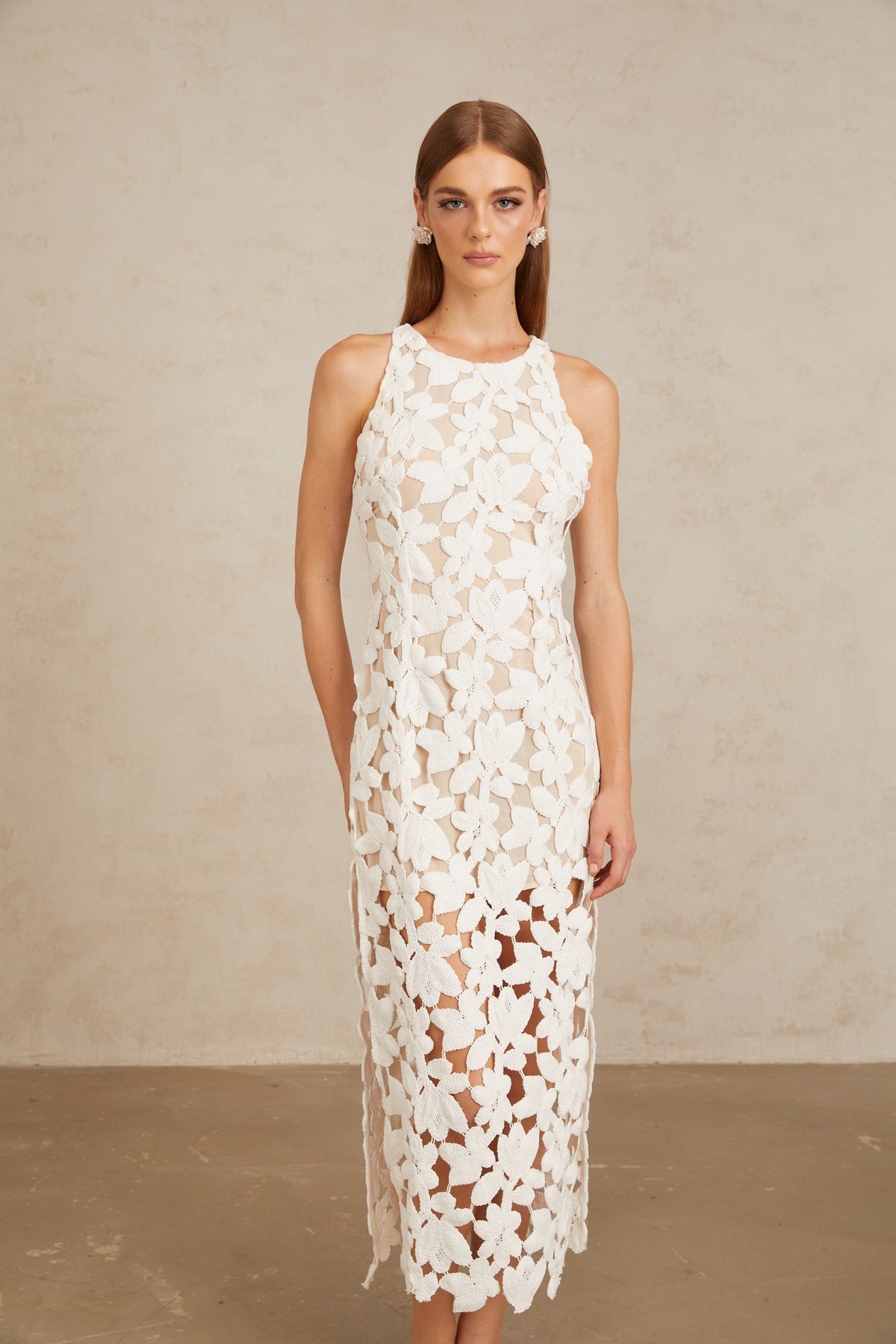 Wilhelmine White Cutout Embroidered Floral Midi Dress