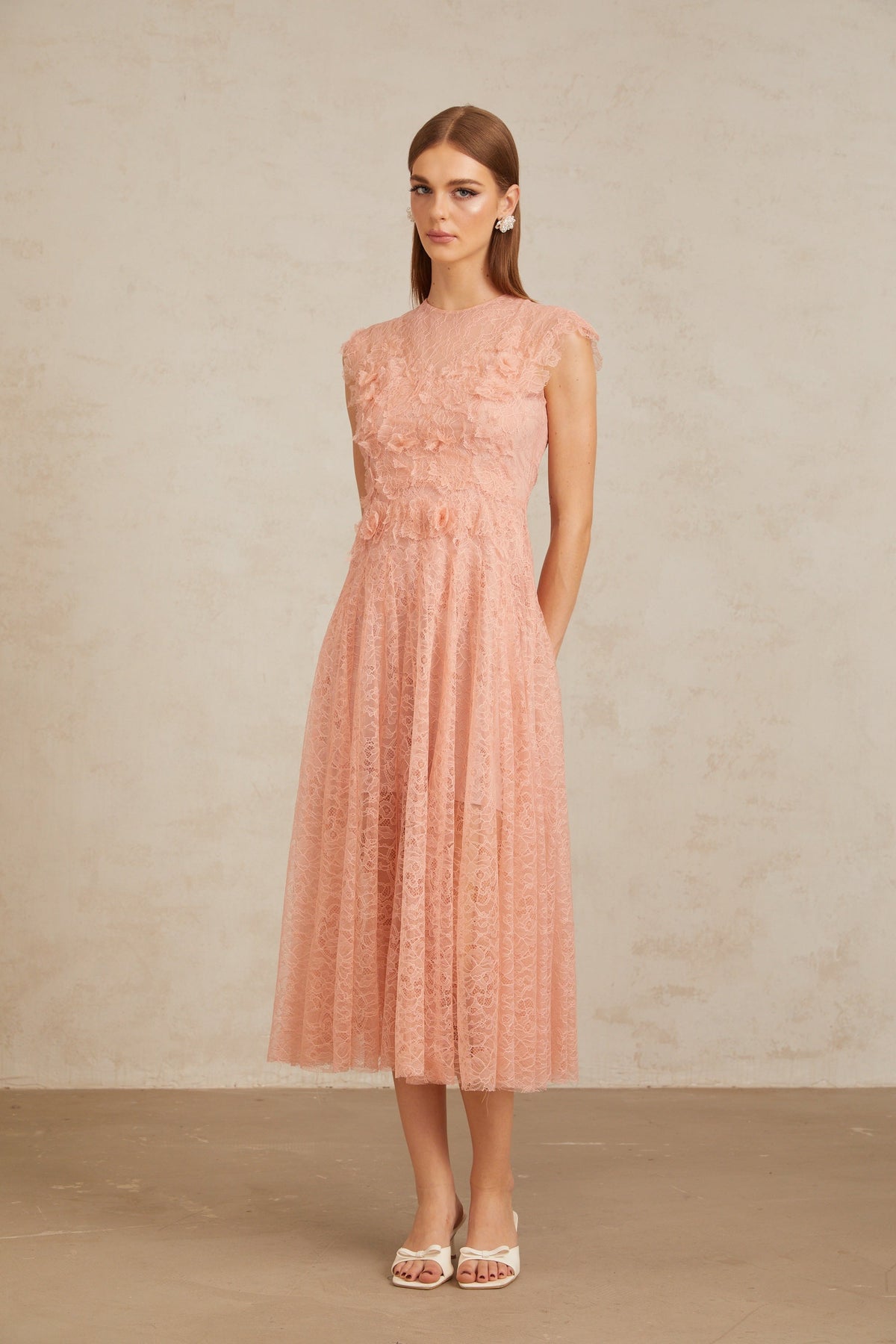 Aila Pink Shirred Guipure Lace Midi Dress (Final Sale-US Only)