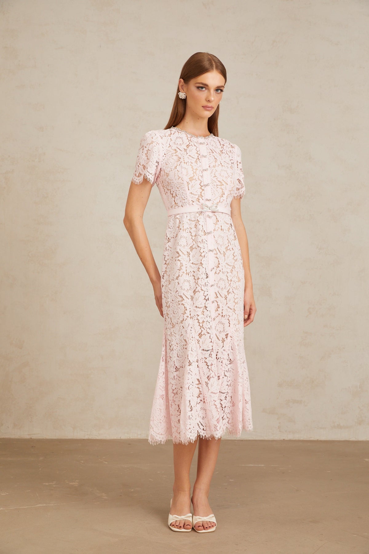 Sabine Pink Floral Lace Mermaid Midi Dress (Final Sale-US Only)