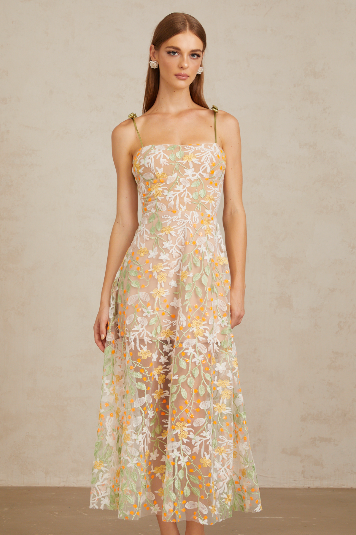 Bérénice Neutral Floral Embroidered Flare Maxi Dress (Final Sale-US Only)