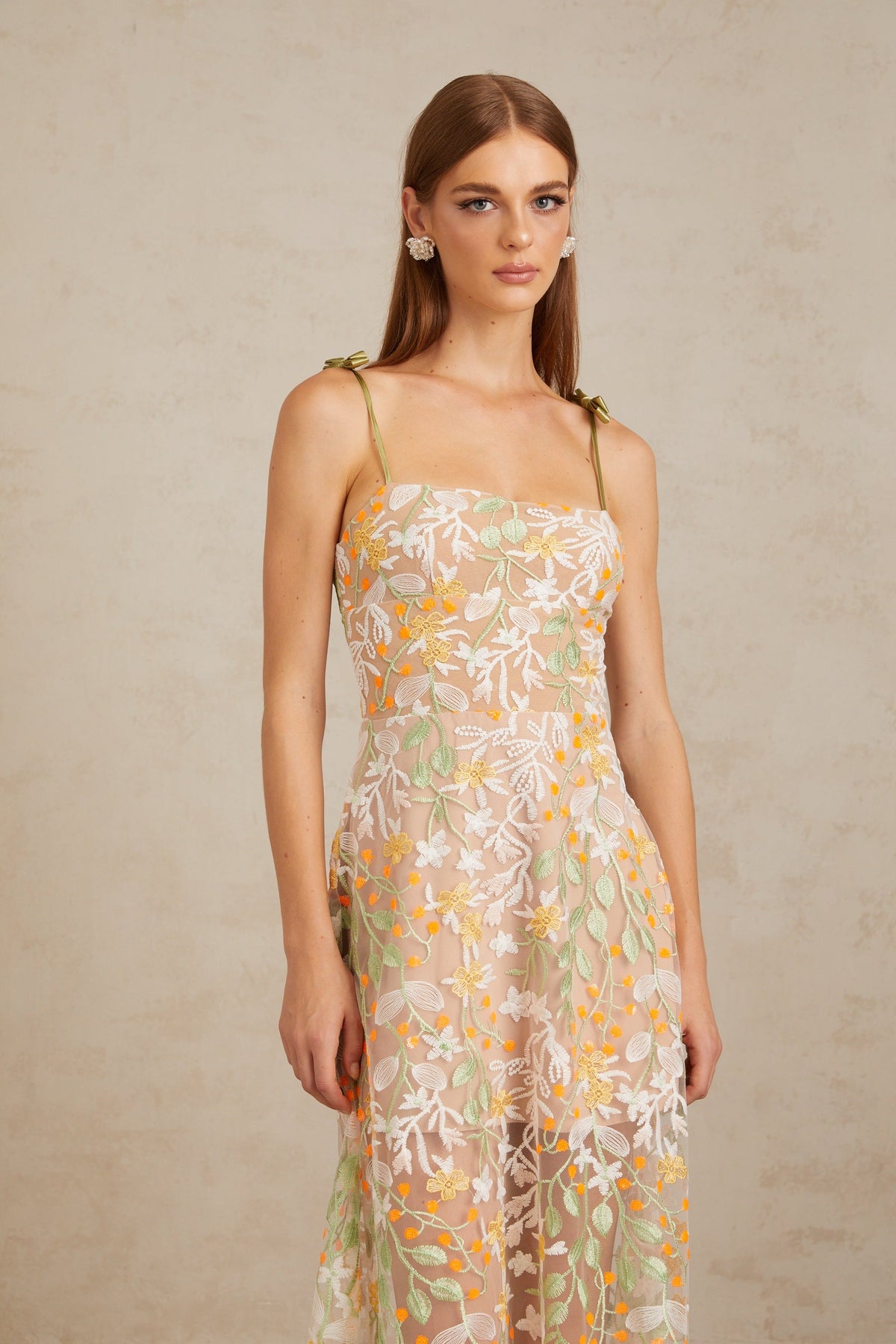 Bérénice Neutral Floral Embroidered Flare Maxi Dress (Final Sale-US Only)