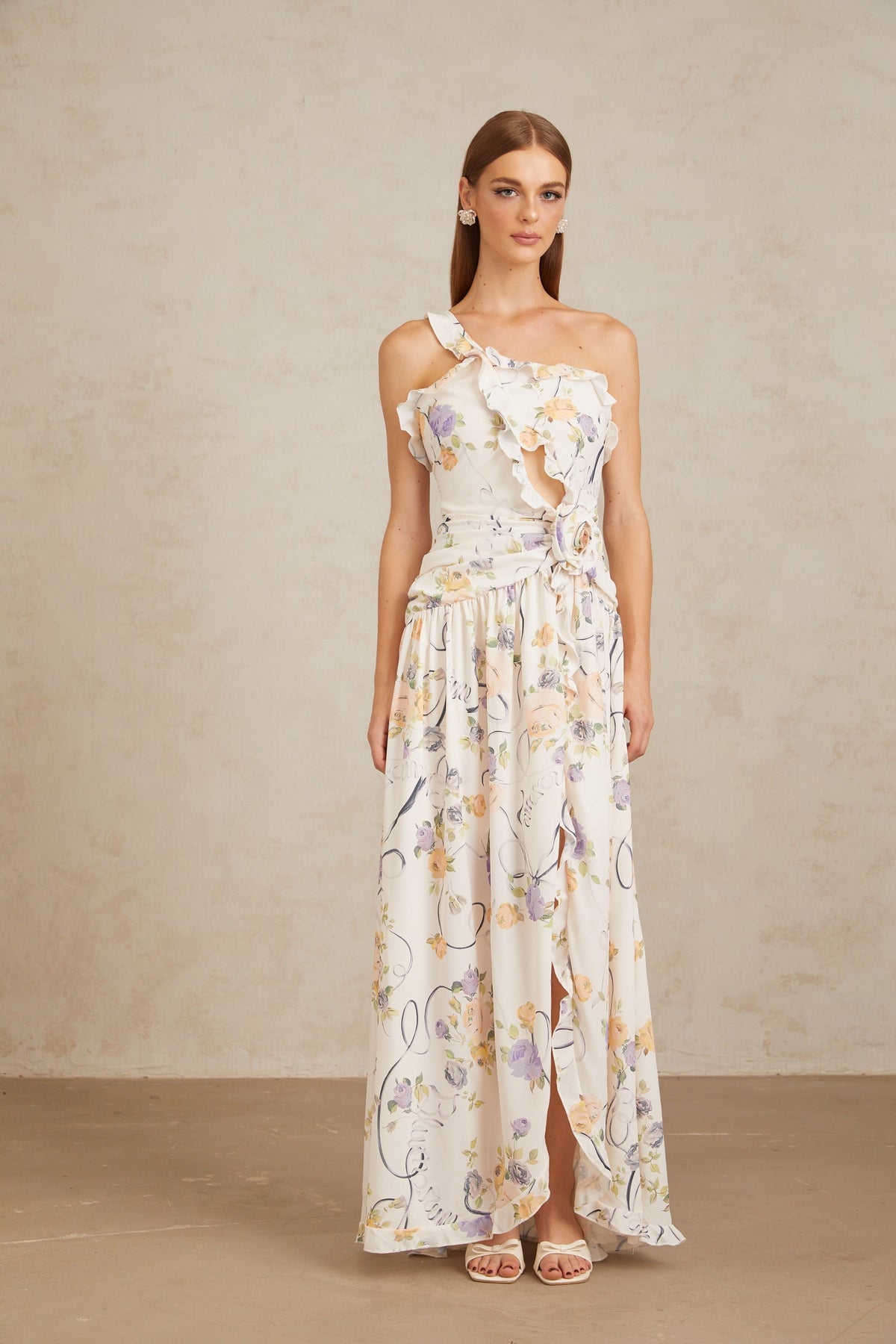 Noémie Neutral Floral Ruffled Trim Maxi Dress (Final Sale)