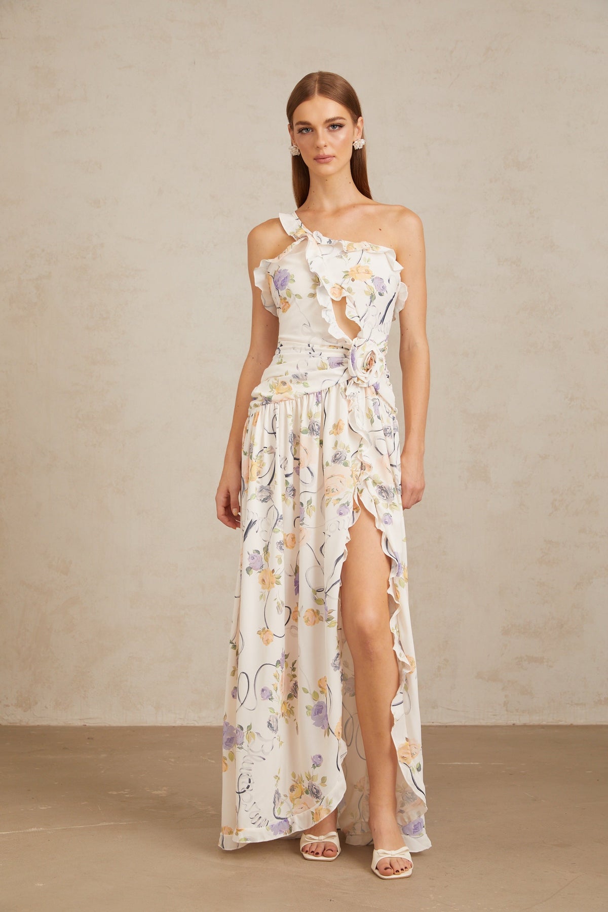 Noémie Neutral Floral Ruffled Trim Maxi Dress (Final Sale)