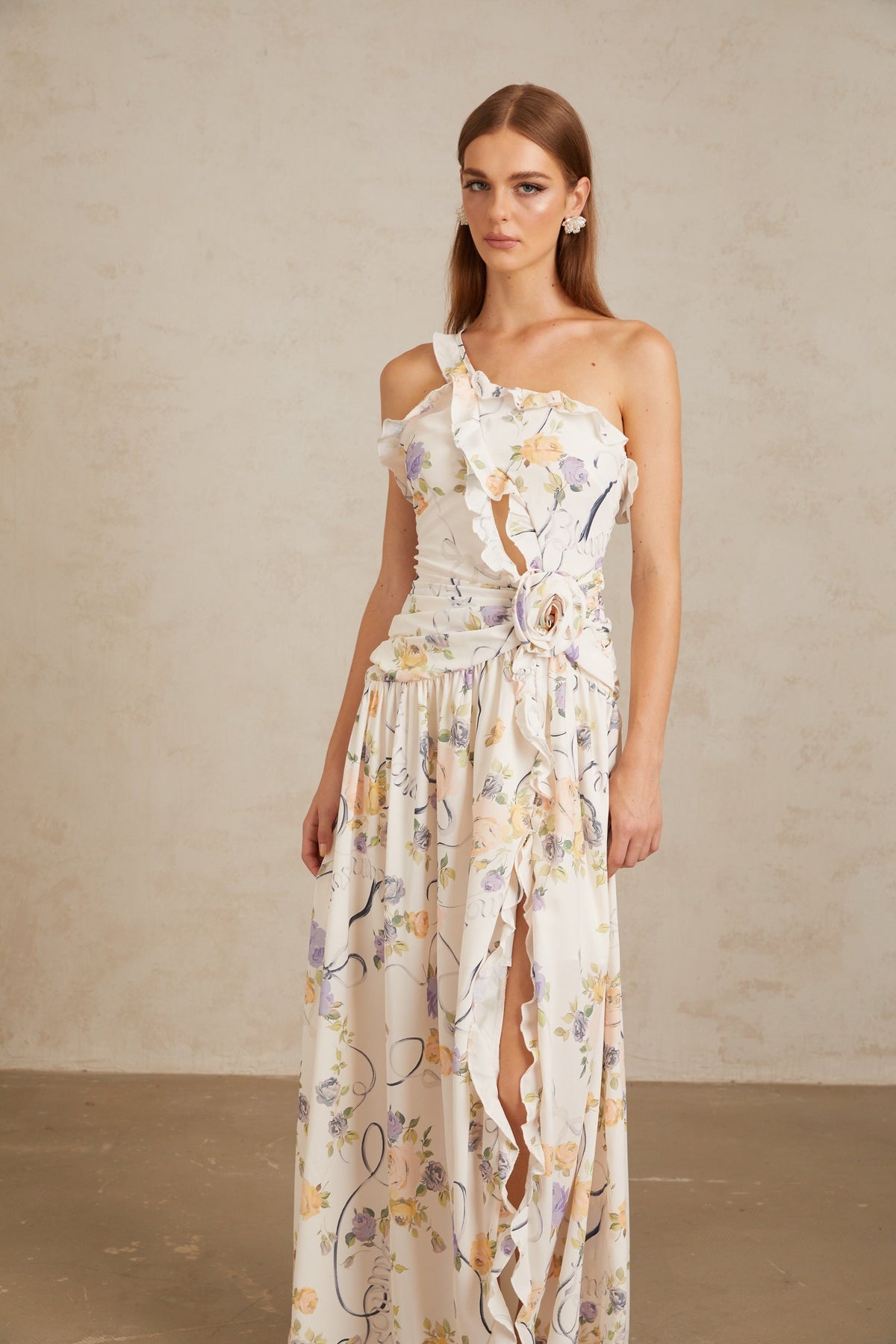 Noémie Neutral Floral Ruffled Trim Maxi Dress