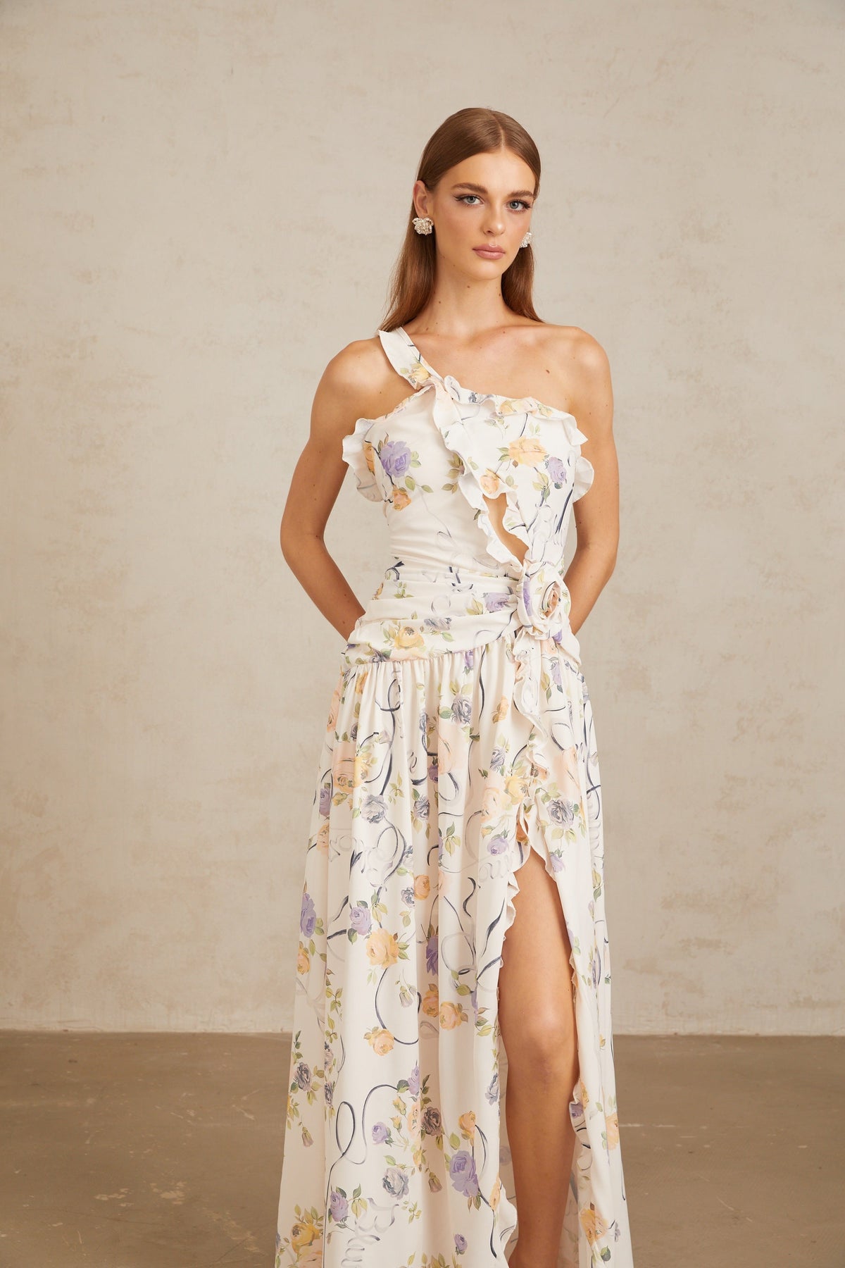 Noémie Neutral Floral Ruffled Trim Maxi Dress (Final Sale)
