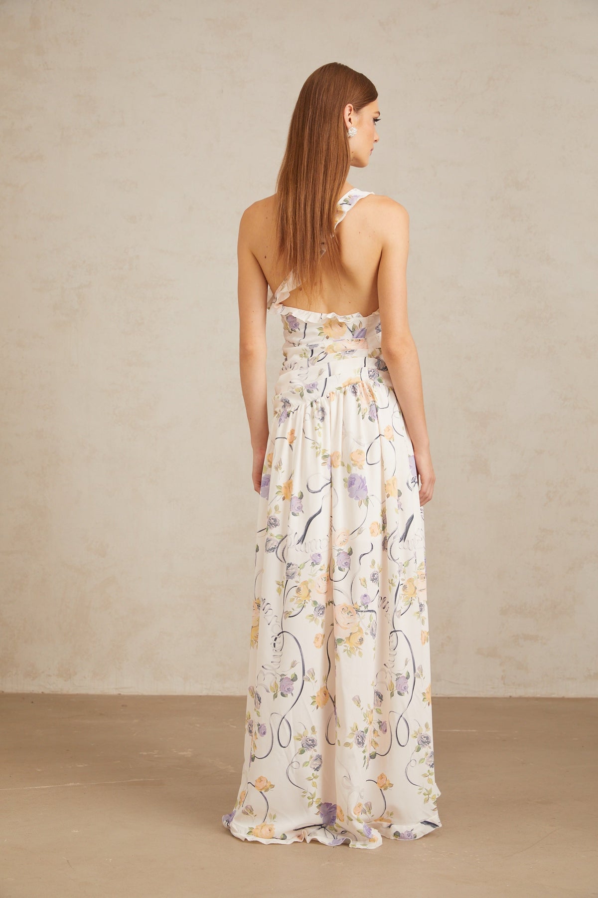 Noémie Neutral Floral Ruffled Trim Maxi Dress (Final Sale)