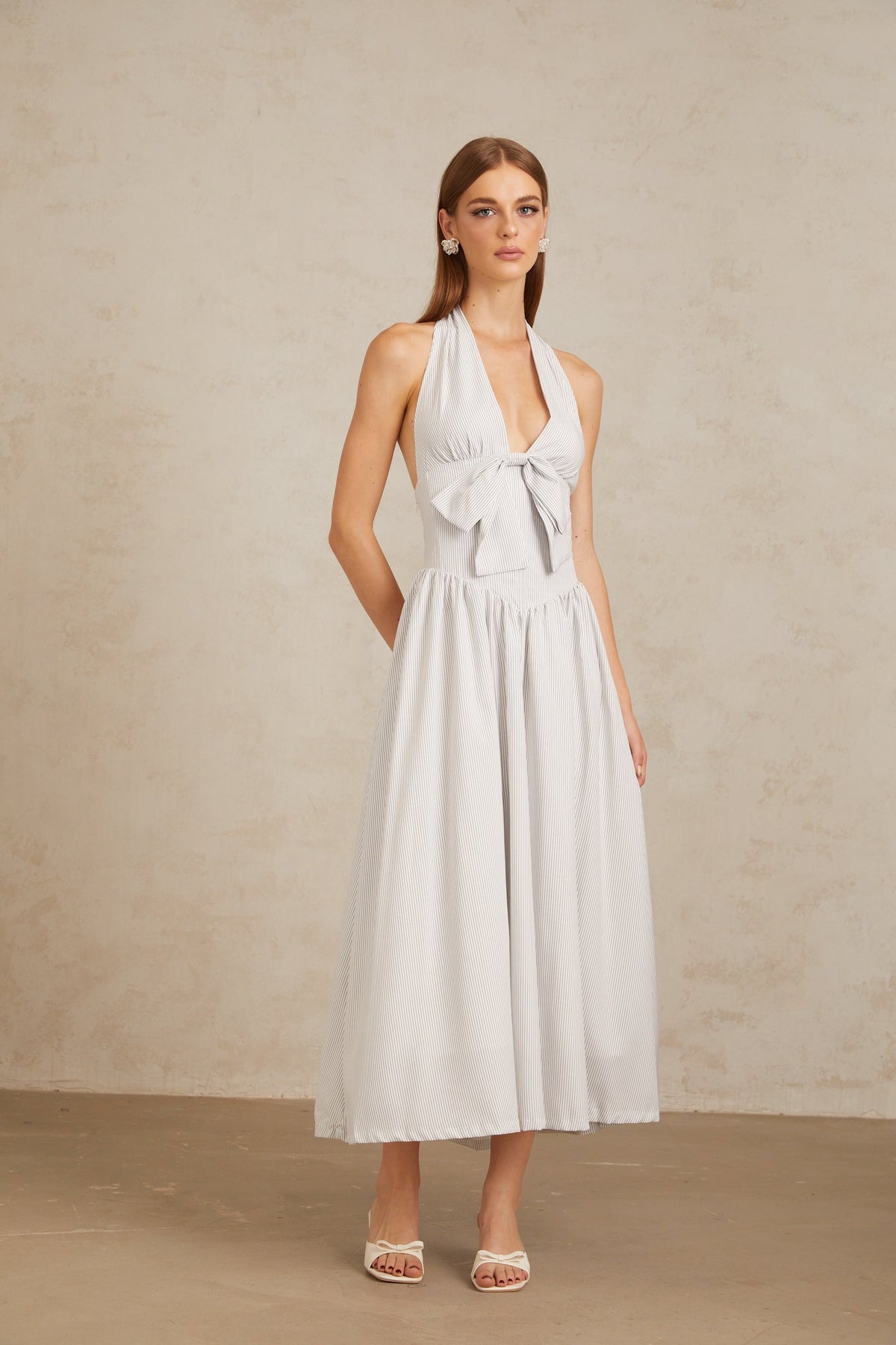 Inkeri White Stripe Pattern Halterneck Midi Dress
