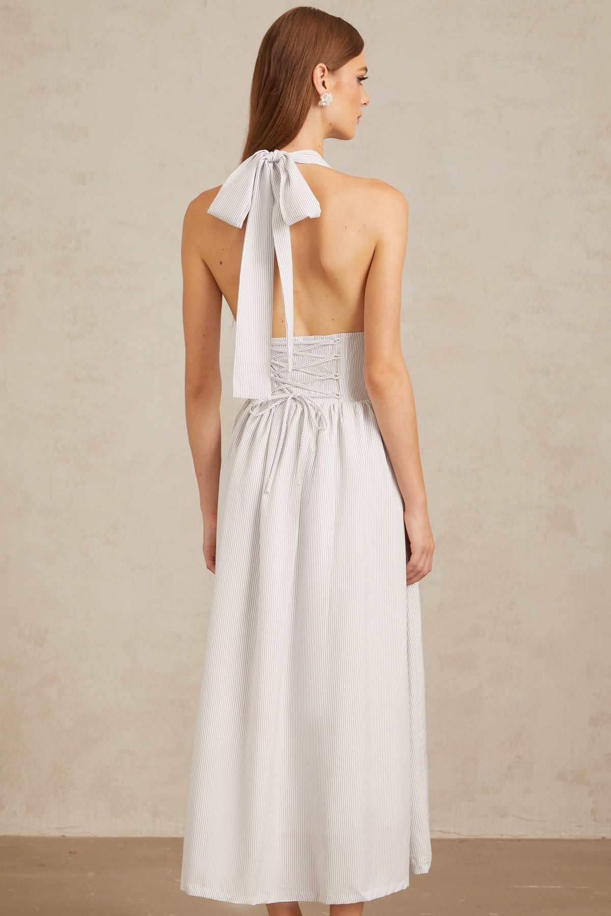Inkeri White Stripe Pattern Halterneck Midi Dress