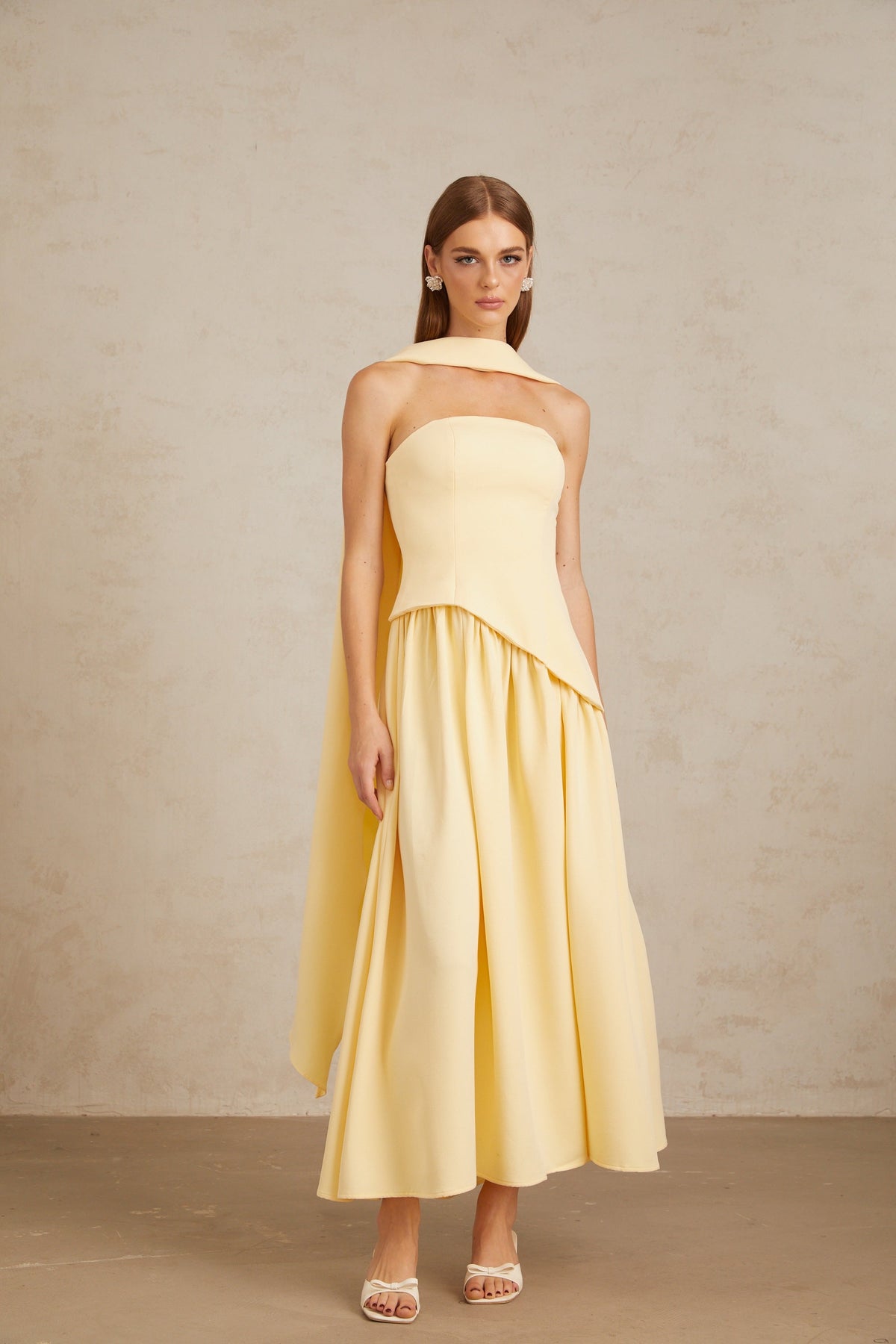Sidonie Yellow Off-Shoulder Panel Maxi Gown