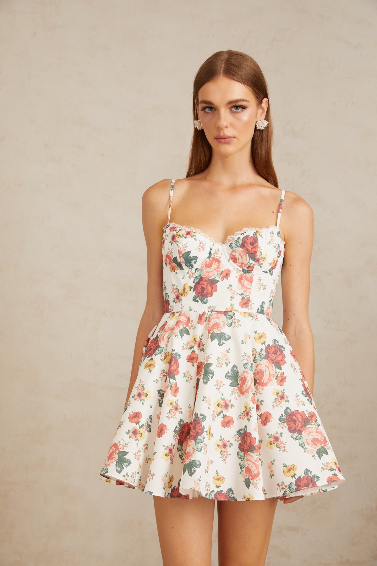 Airelle White Flounced Rose Print Mini Dress