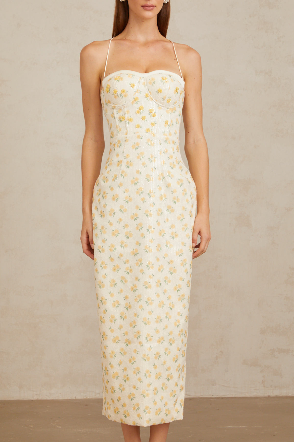 Quincia Yellow Sequined Floral Corset Maxi Gown (Final Sale-US Only)