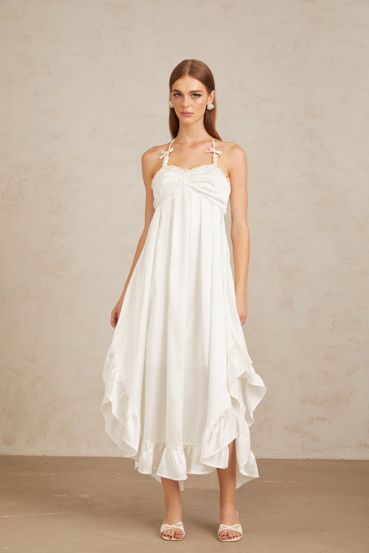 Nocturne White Ruffled Satin Midi Dress