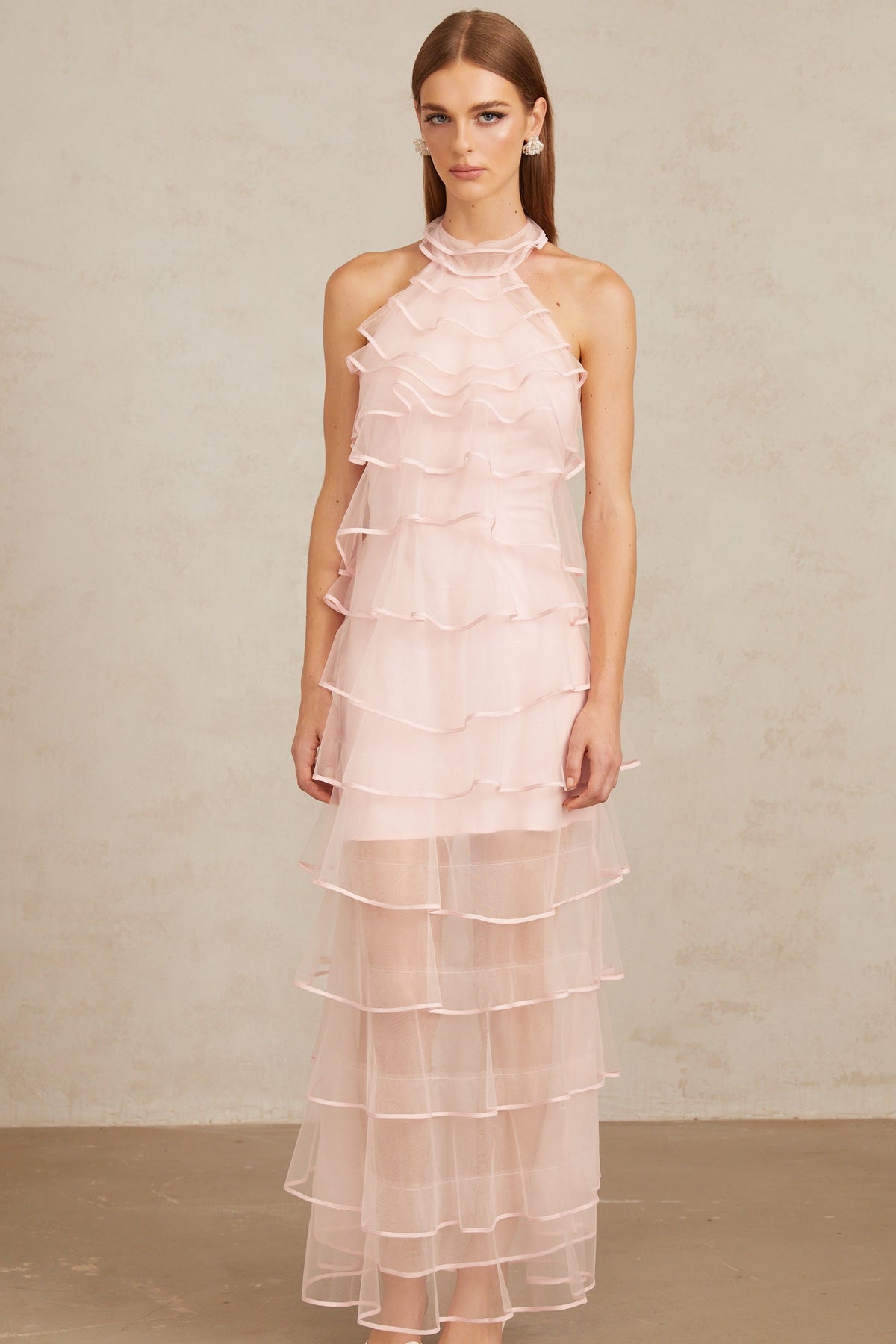 Nonchalante Pink Tiered Halterneck Maxi Dress (Final Sale-US Only)