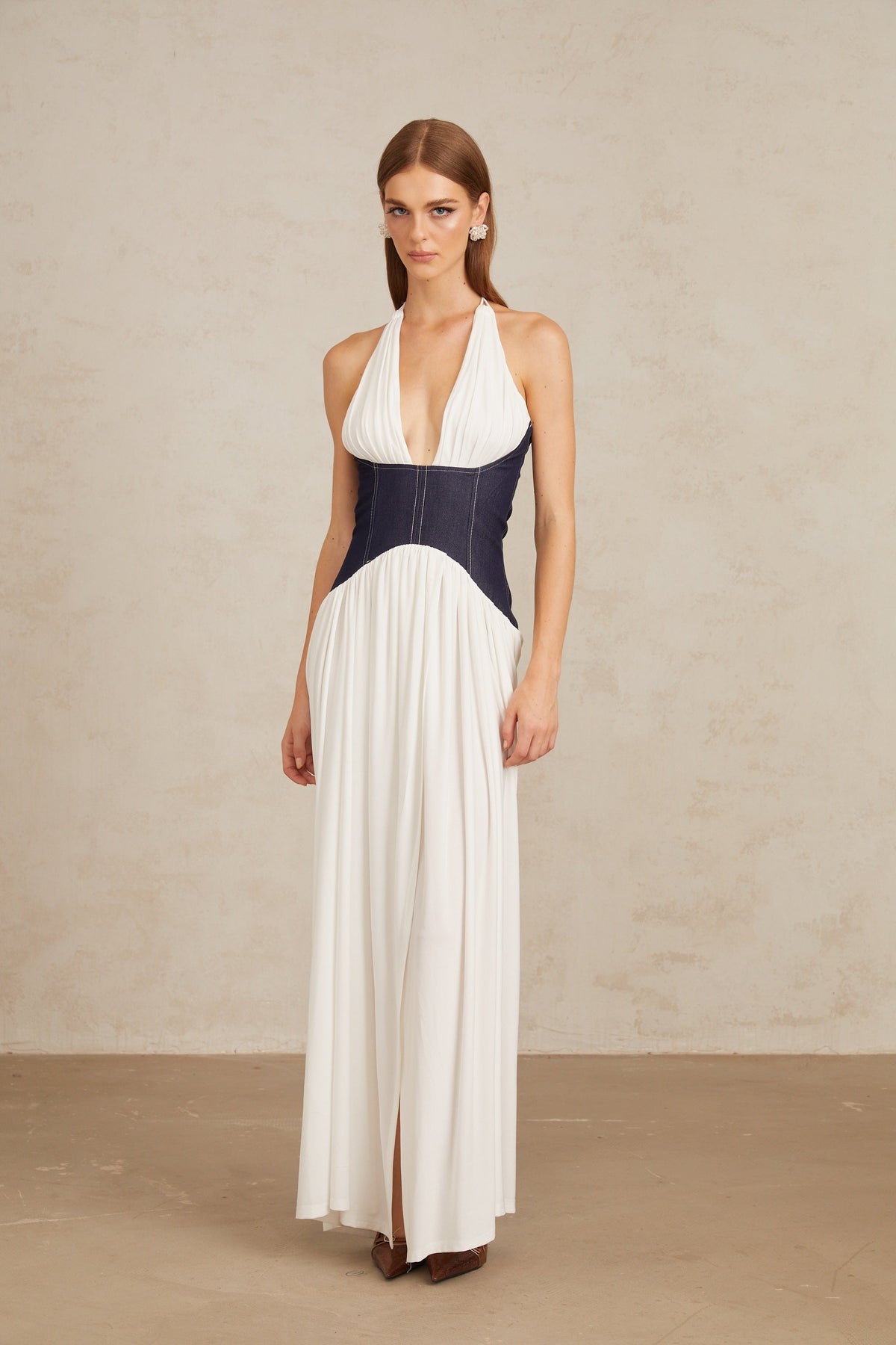 Airi White Halterneck Denim Panel Maxi Dress