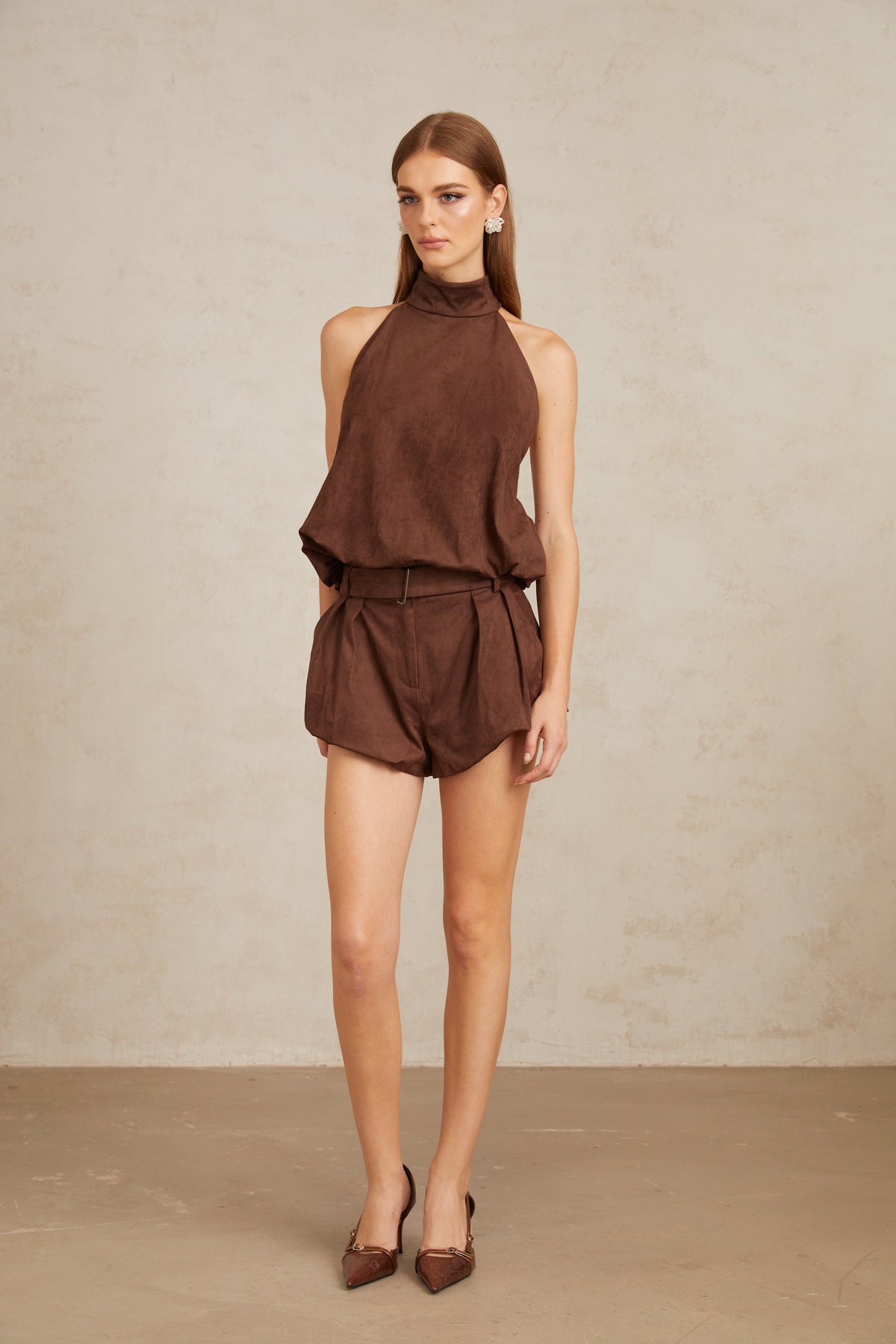 Chaney Brown Suede Bubble Hem Top & Shorts Set