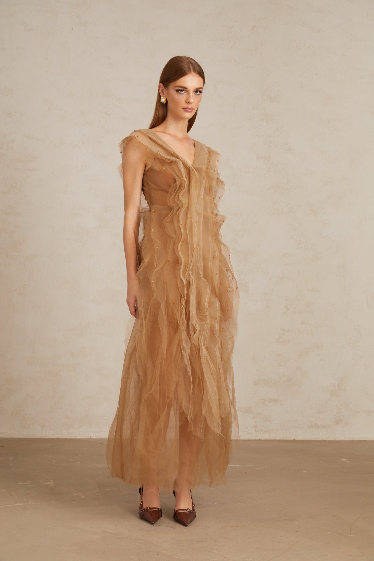 Céleste Brown Layered Tulle Maxi Gown