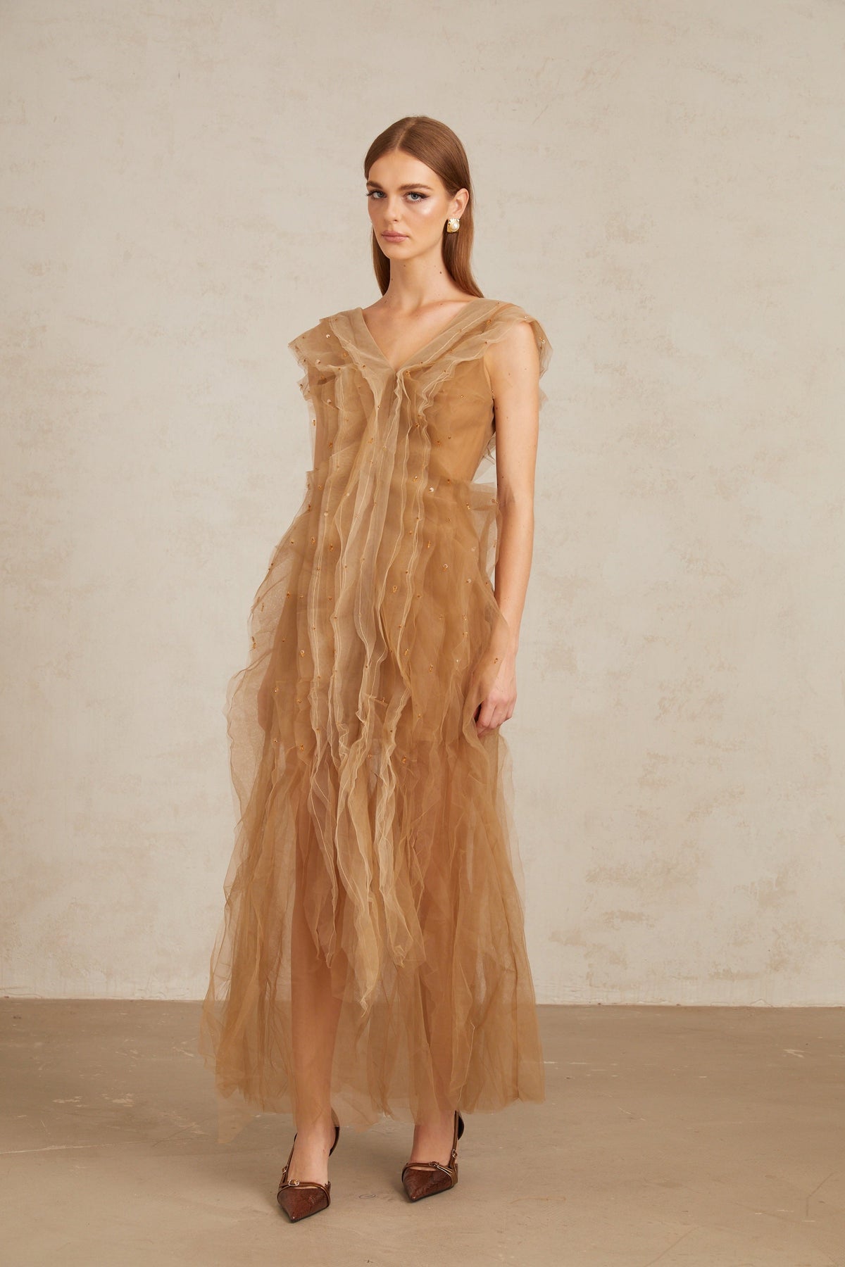 Céleste Brown Layered Tulle Maxi Gown (Final Sale-US Only)