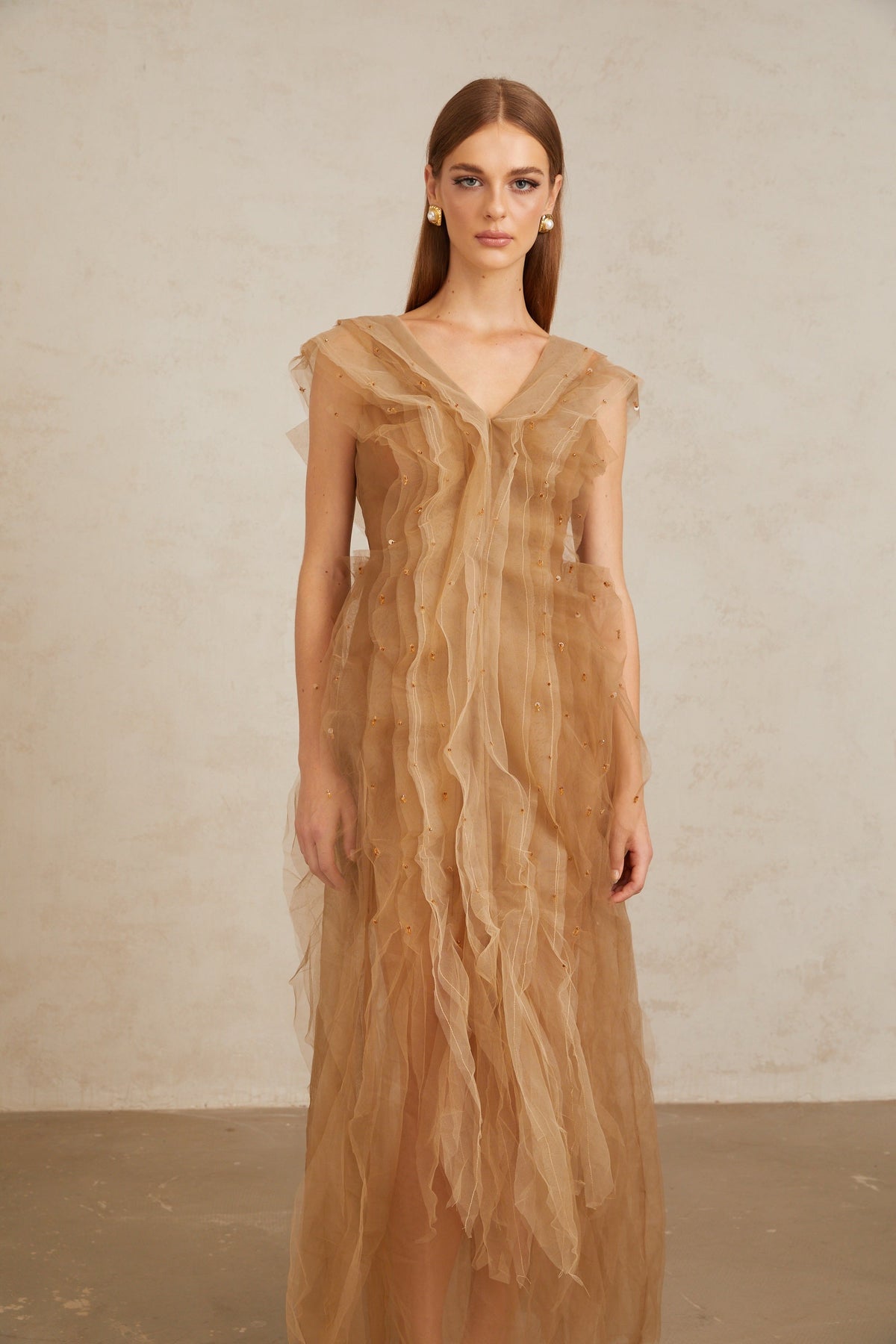 Céleste Brown Layered Tulle Maxi Gown (Final Sale-US Only)