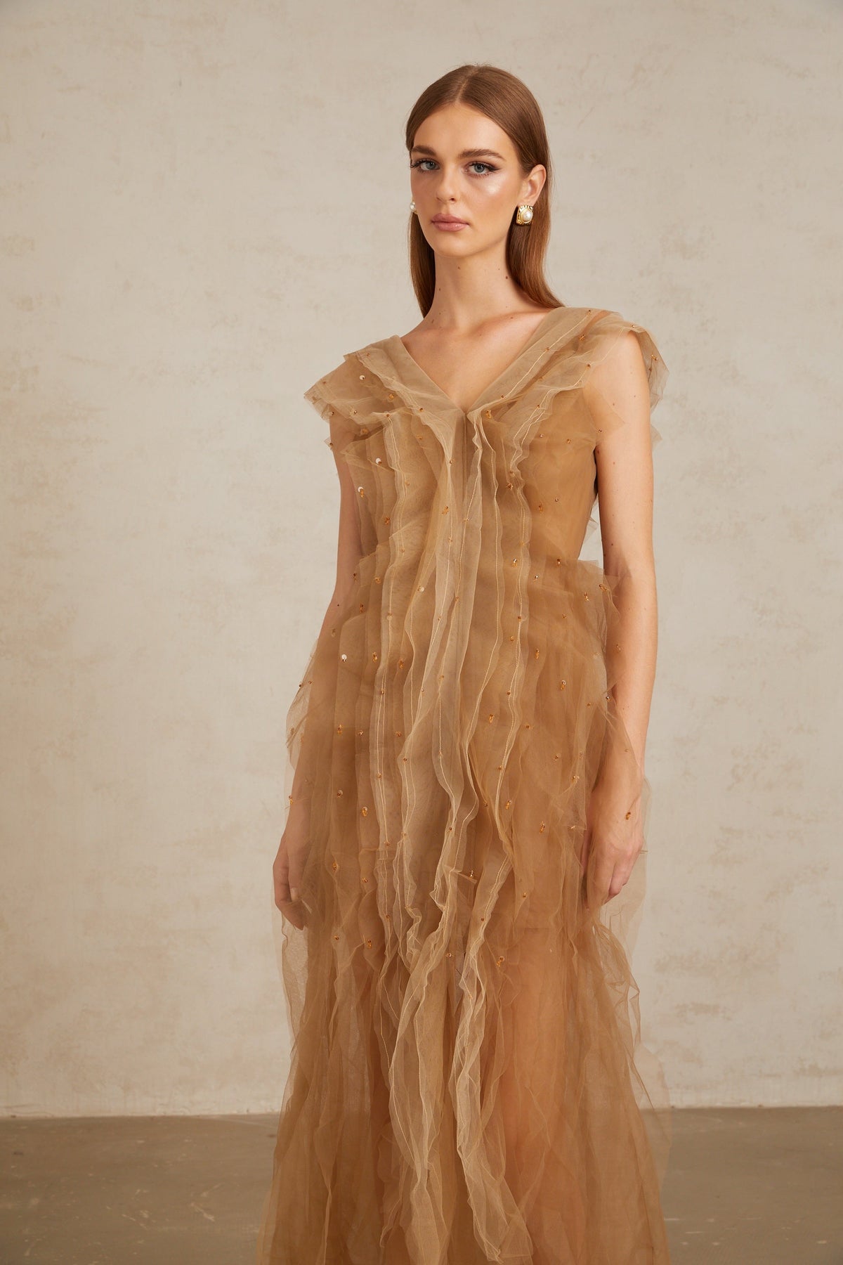 Céleste Brown Layered Tulle Maxi Gown