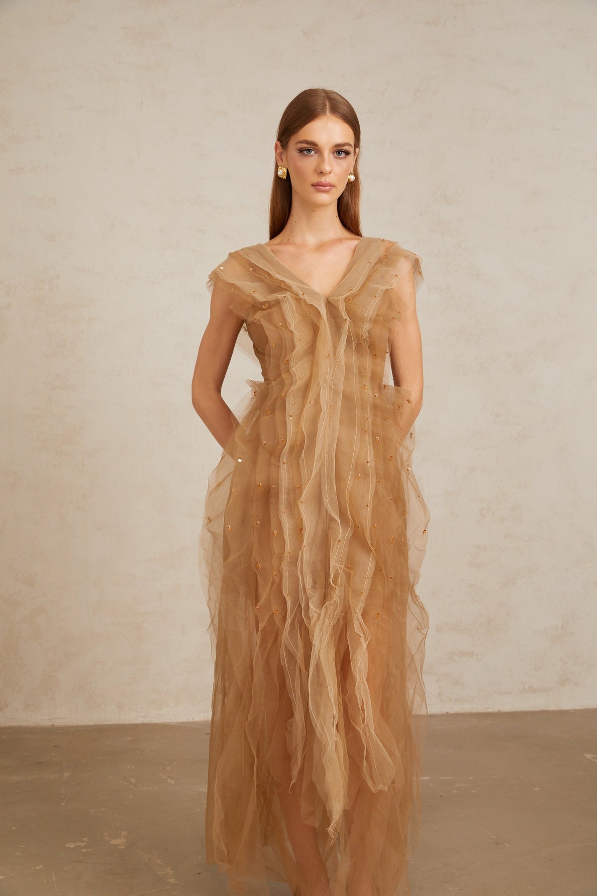 Céleste Brown Layered Tulle Maxi Gown (Final Sale-US Only)