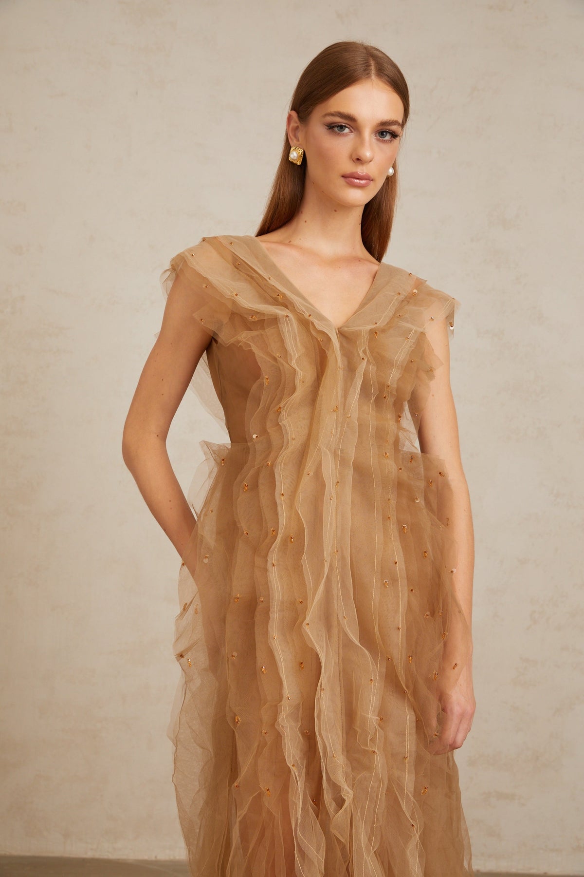 Céleste Brown Layered Tulle Maxi Gown (Final Sale-US Only)
