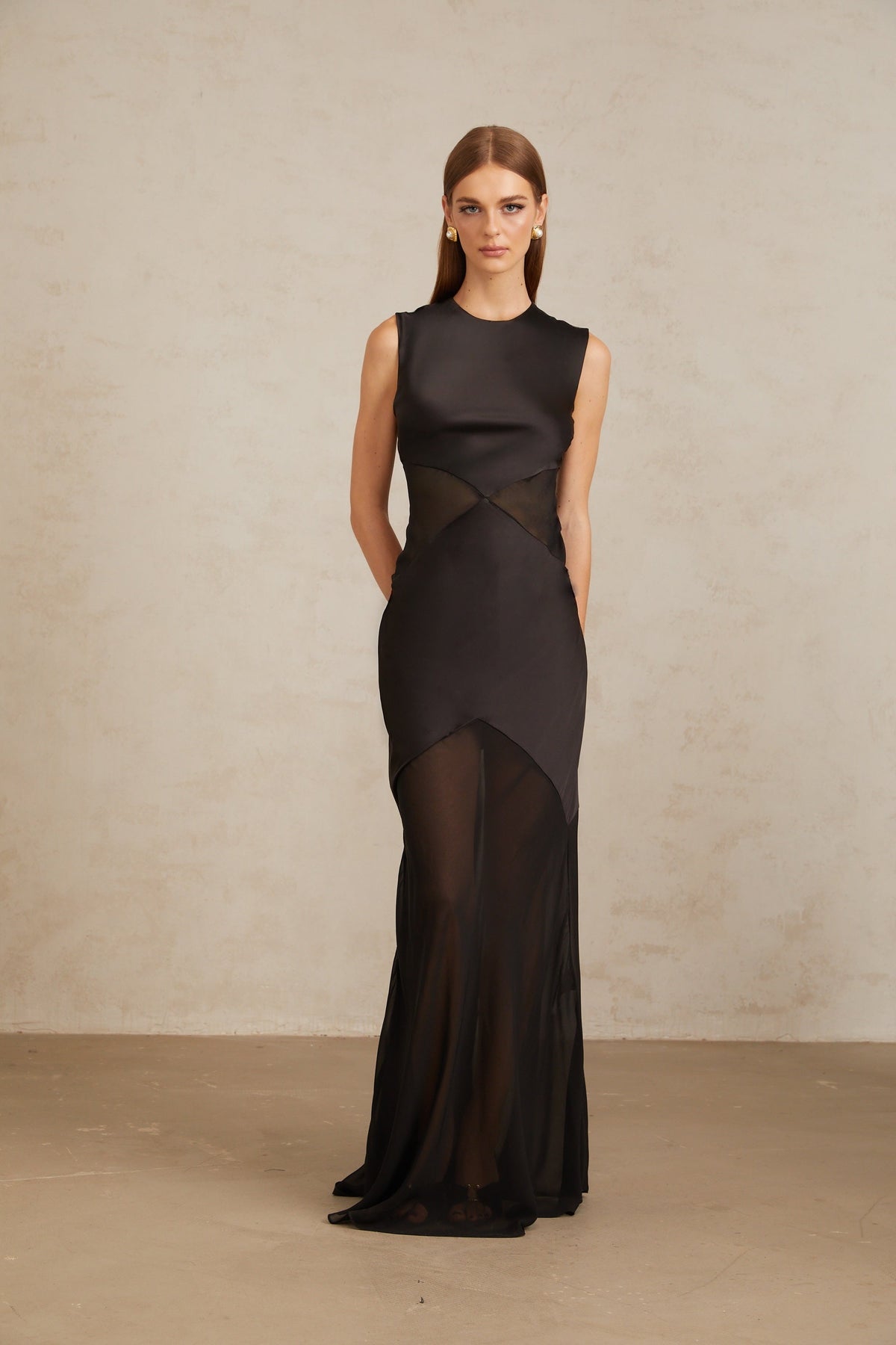 Siiri Black Tulle Panel Satin Maxi Gown